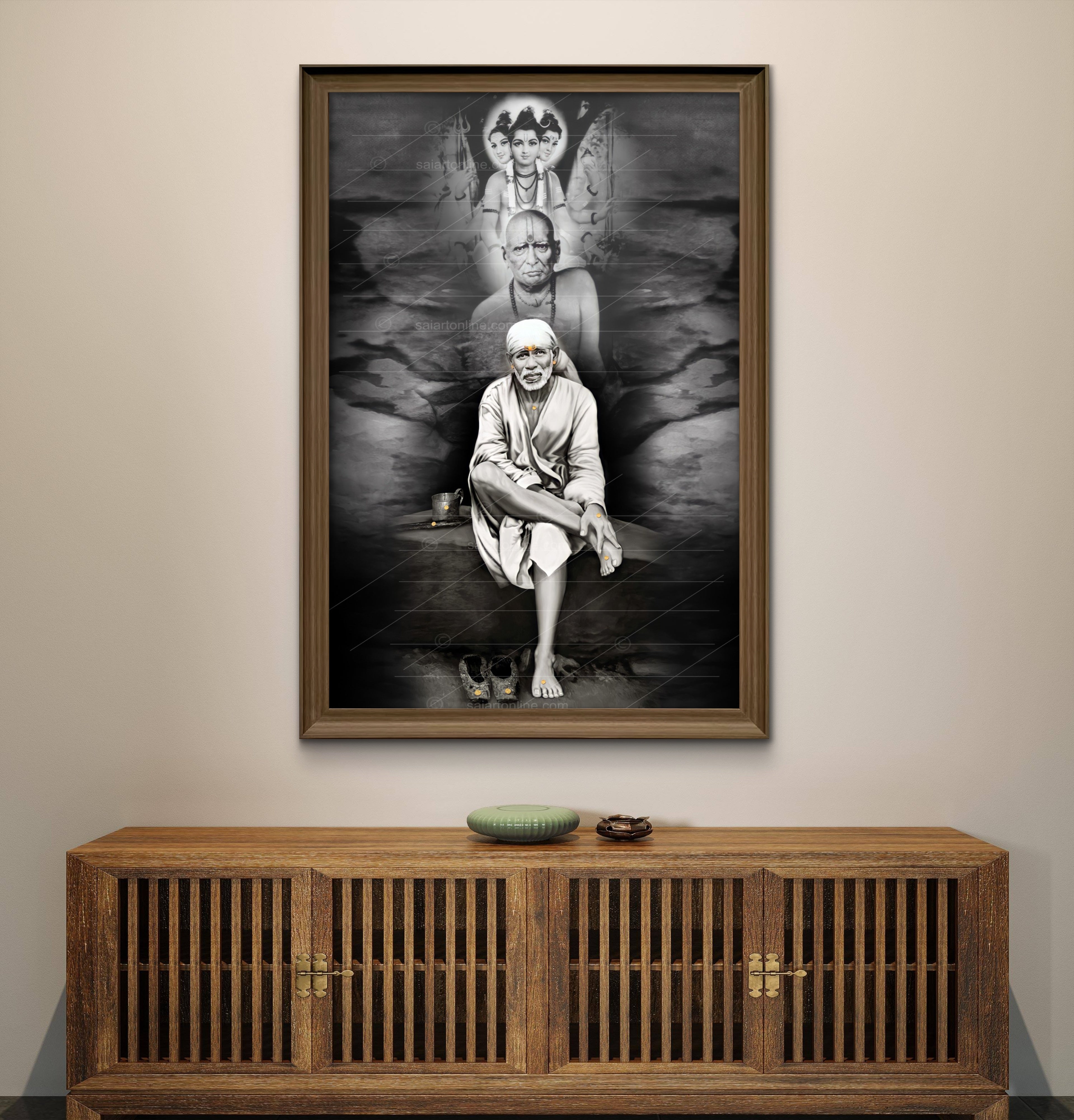 Shirdi Sai Baba Photo Sitting On Stone Hand Painting Canvas Reprint Wall Art Decor photo, Picture/Poster