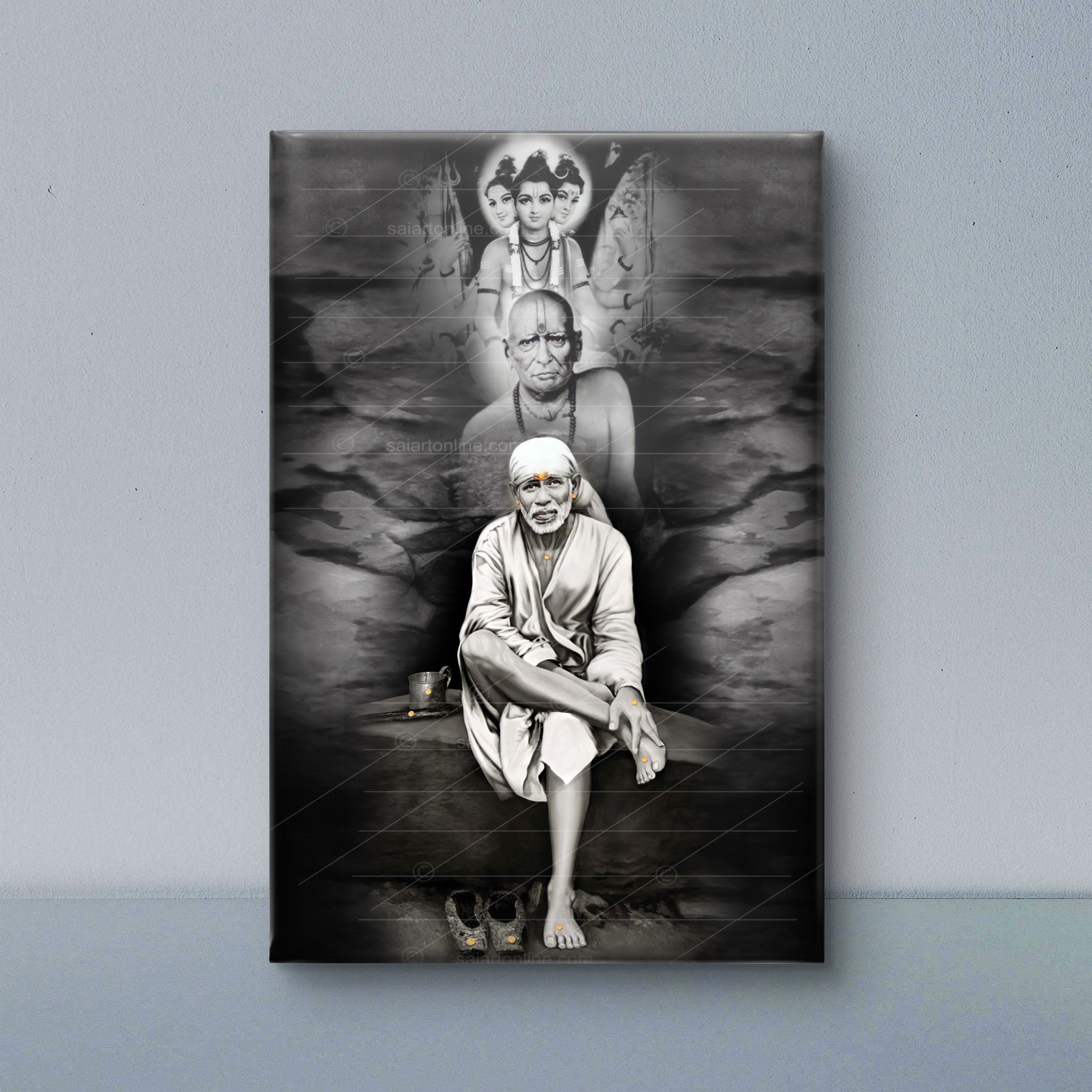 Shirdi Sai Baba Photo Sitting On Stone Hand Painting Canvas Reprint Wall Art Decor photo, Picture/Poster