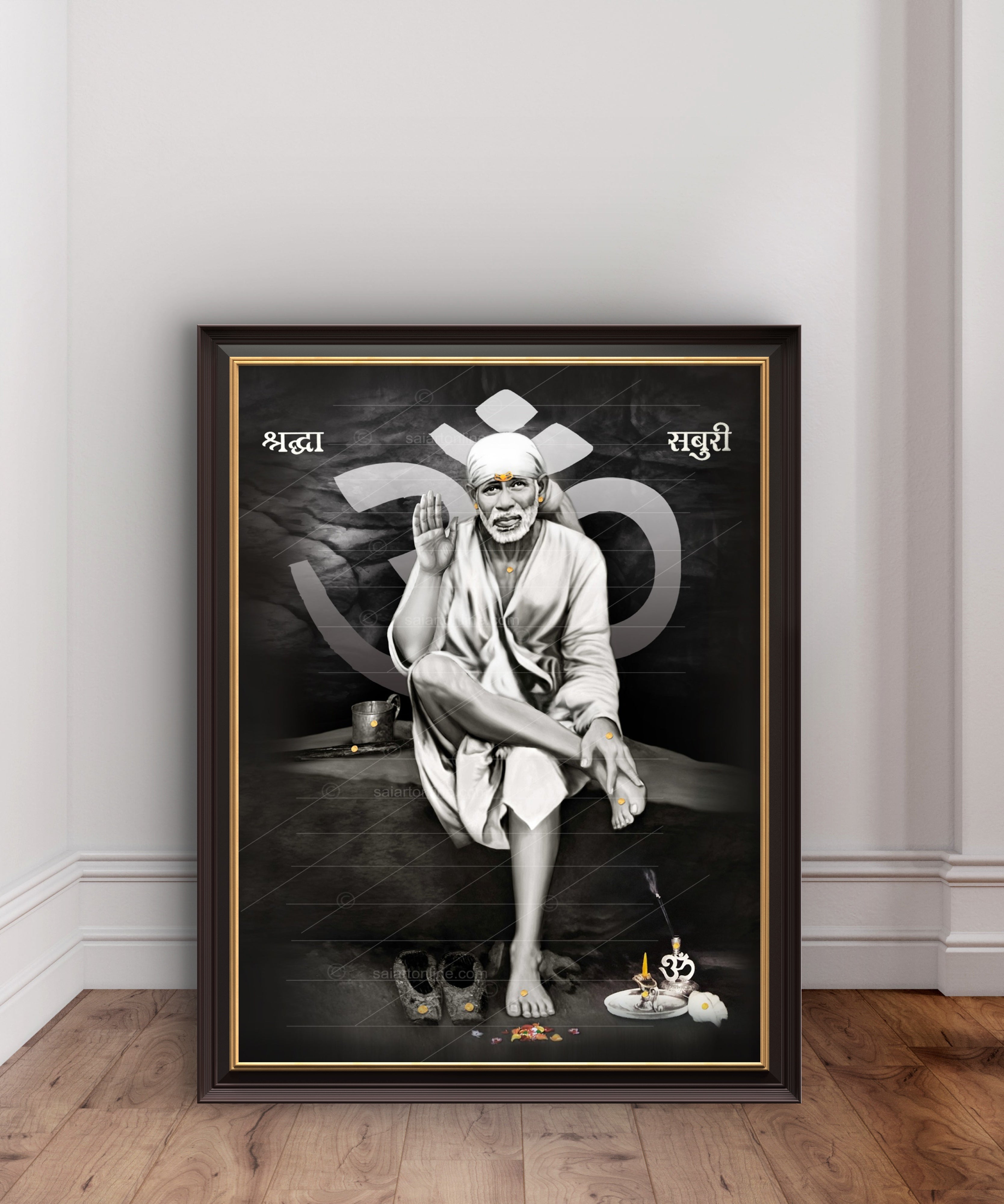 Shirdi Sai Baba Original Photo Sitting on Stone Canvas Painting | UV Coated Waterproof HD Wall Art by Hemant Art