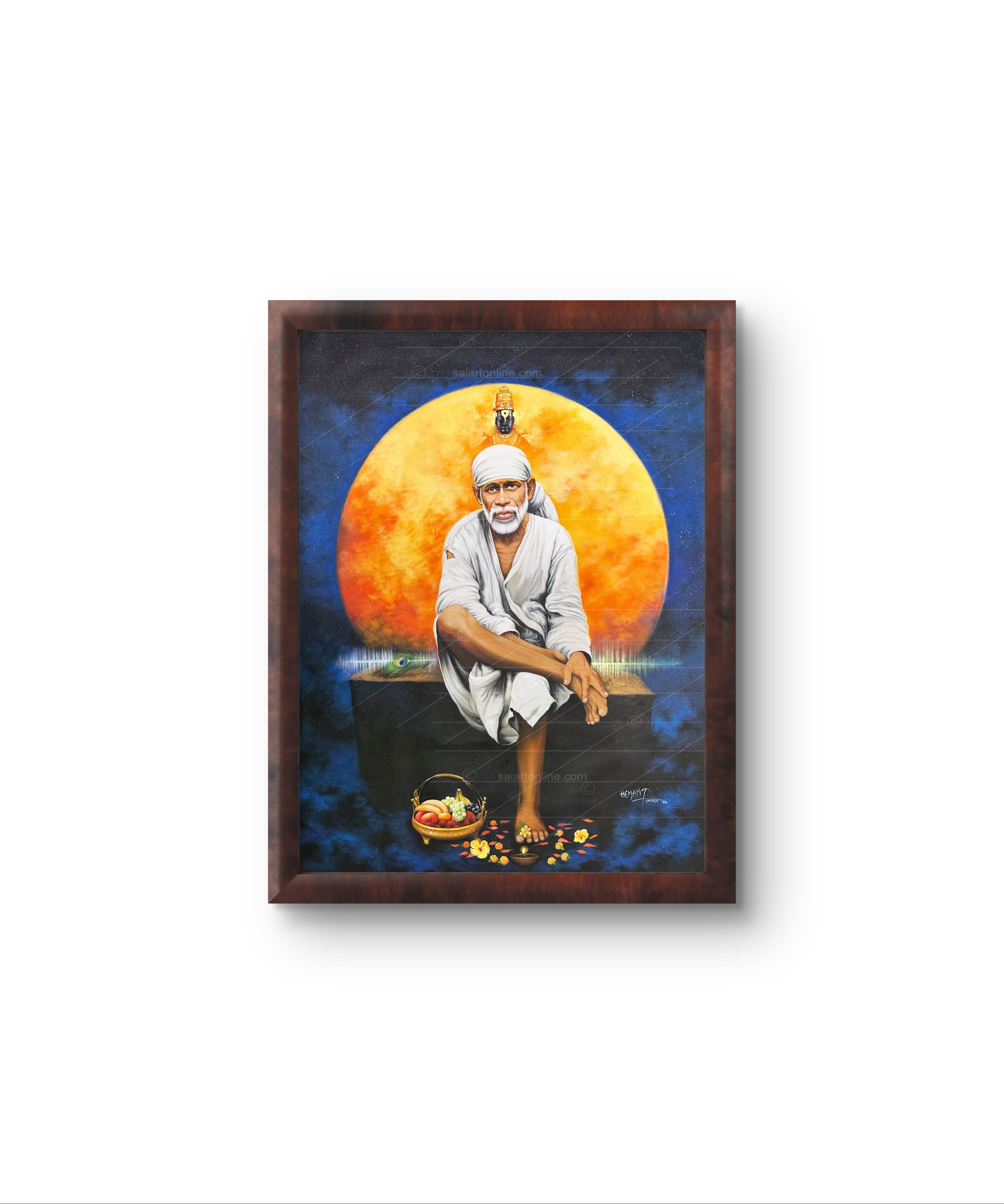 Shirdi Sai Baba Original Photo Sitting on Stone Canvas Painting | UV Coated Waterproof HD Wall Art by Hemant Art