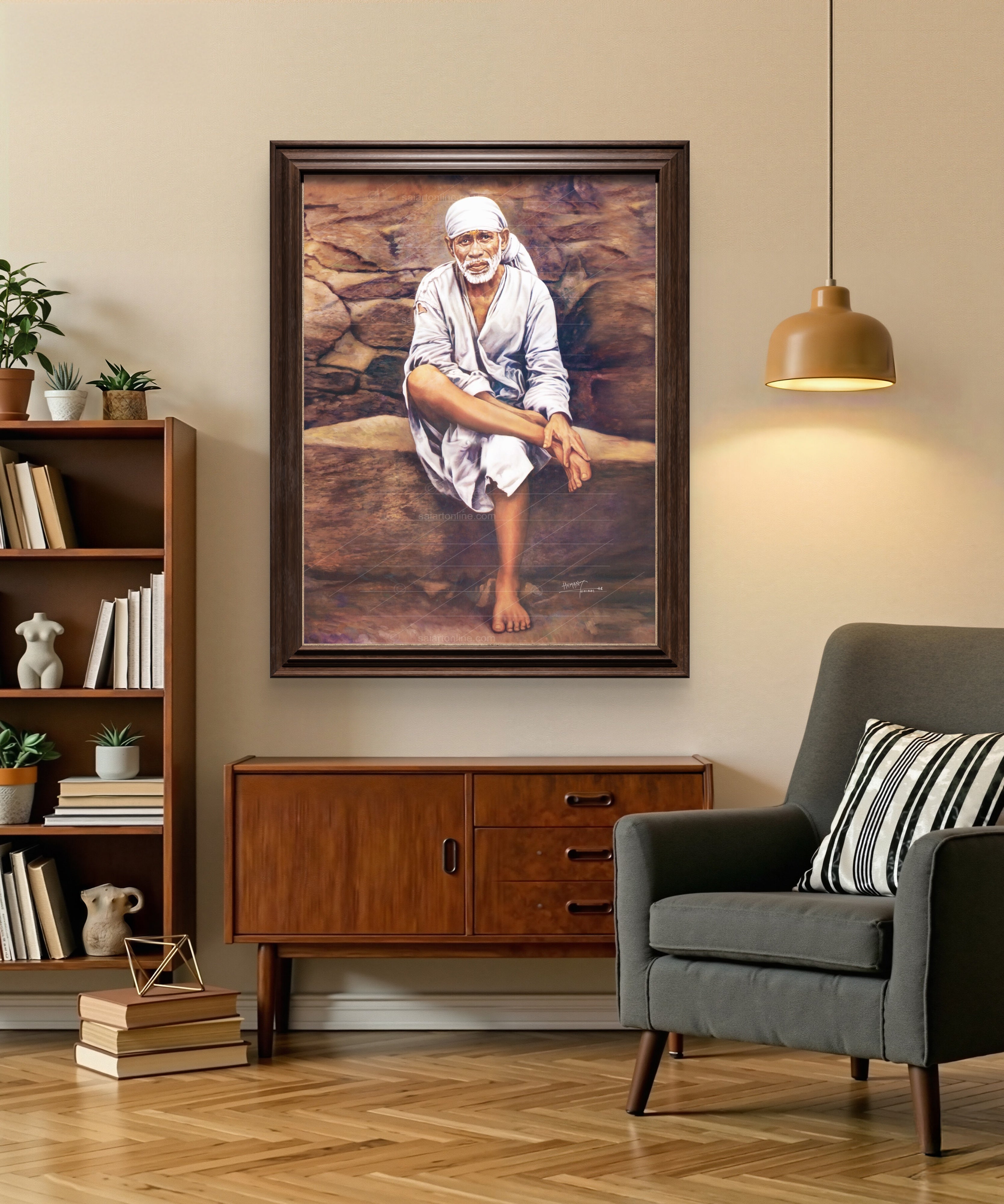 Shirdi Sai Baba Original Photo Sitting on Stone Canvas Painting | UV Coated Waterproof HD Wall Art by Hemant Art