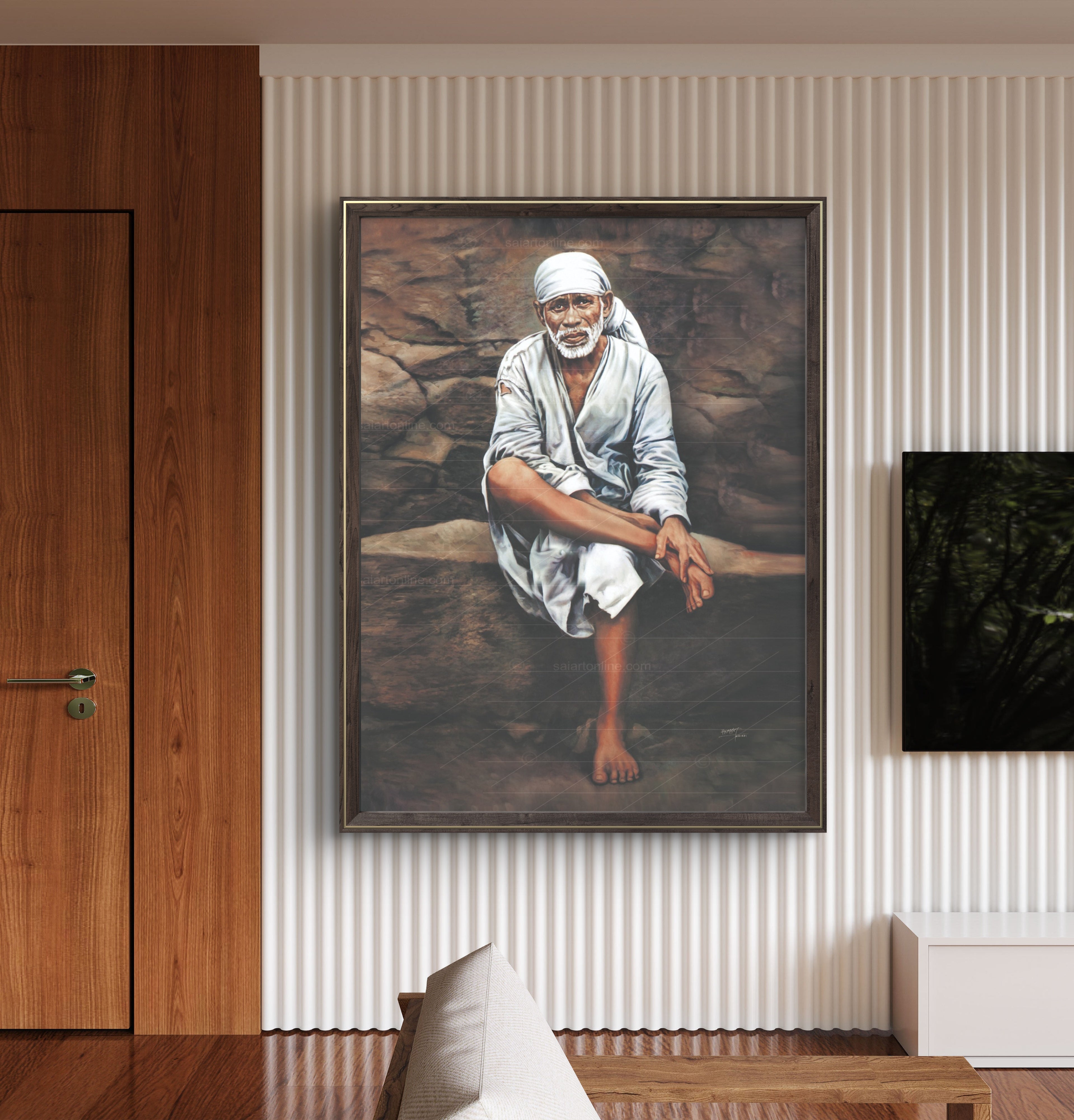 Shirdi Sai Baba Photo Sitting On Stone Hand Painting Canvas Reprint Wall Art Decor photo, Picture/Poster