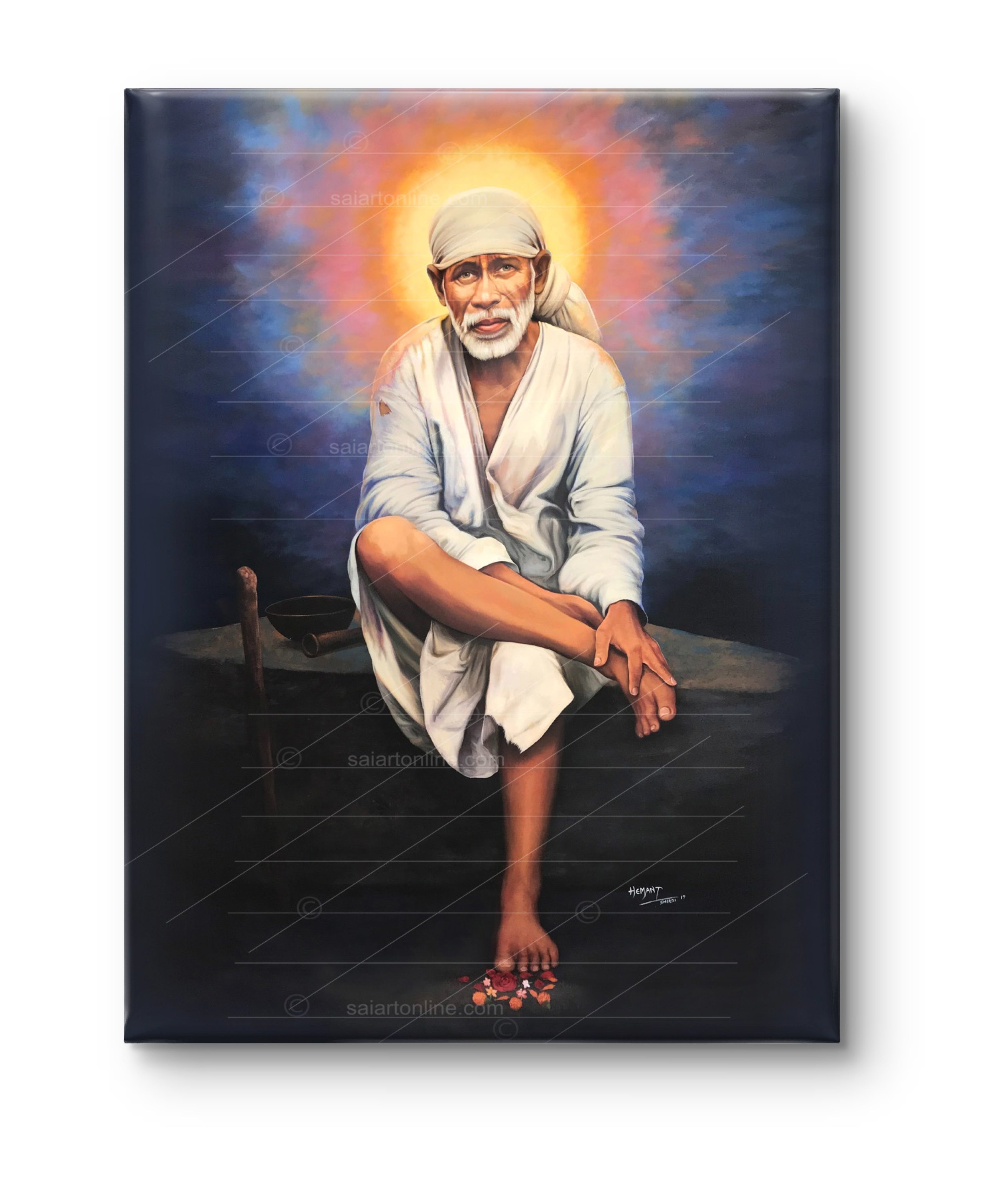 Shirdi Sai Baba Original Photo Sitting on Stone Canvas Painting | UV Coated Waterproof HD Wall Art by Hemant Art