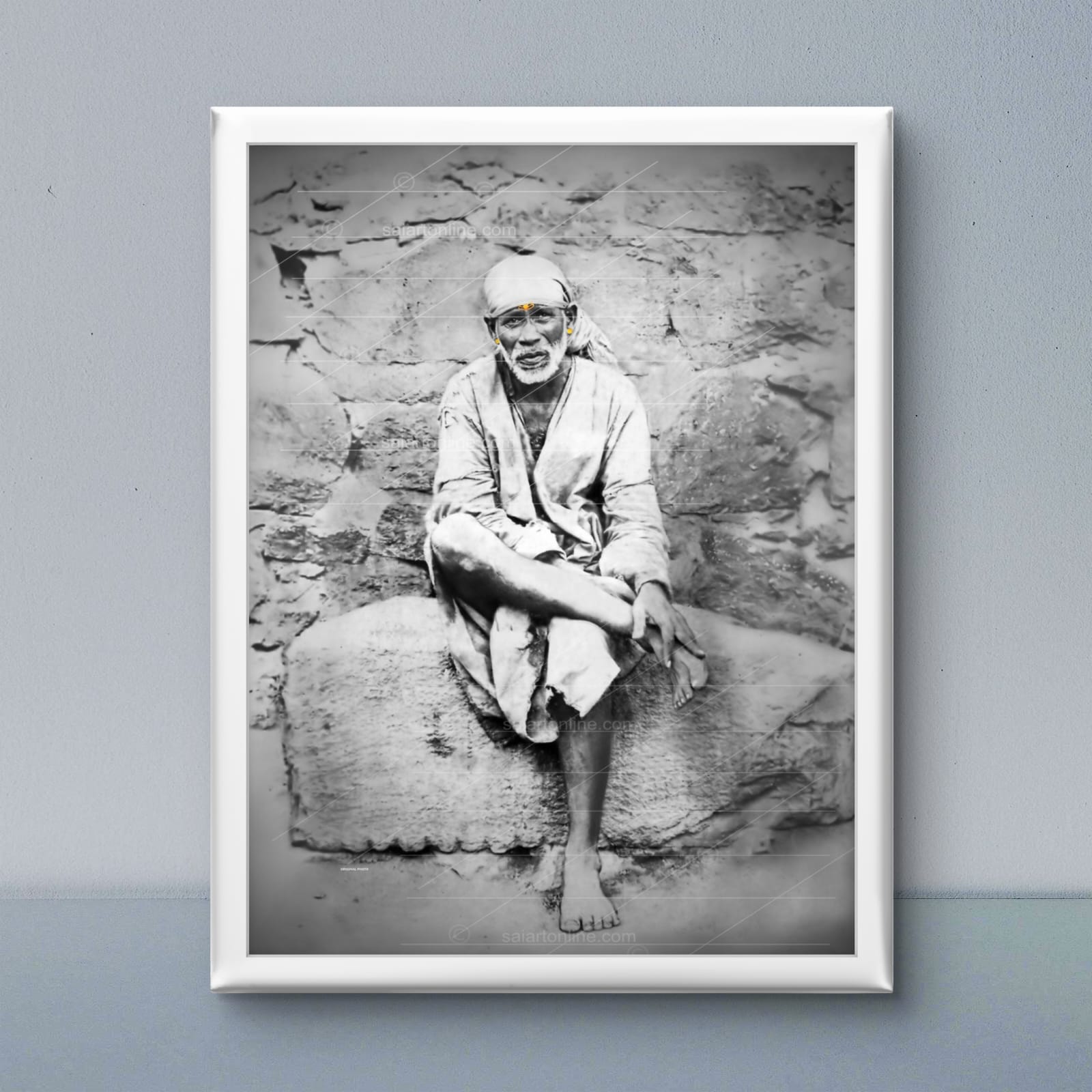 Shirdi Sai Baba Original Photo Sitting on Stone Canvas Painting | UV Coated Waterproof HD Wall Art by Hemant Art