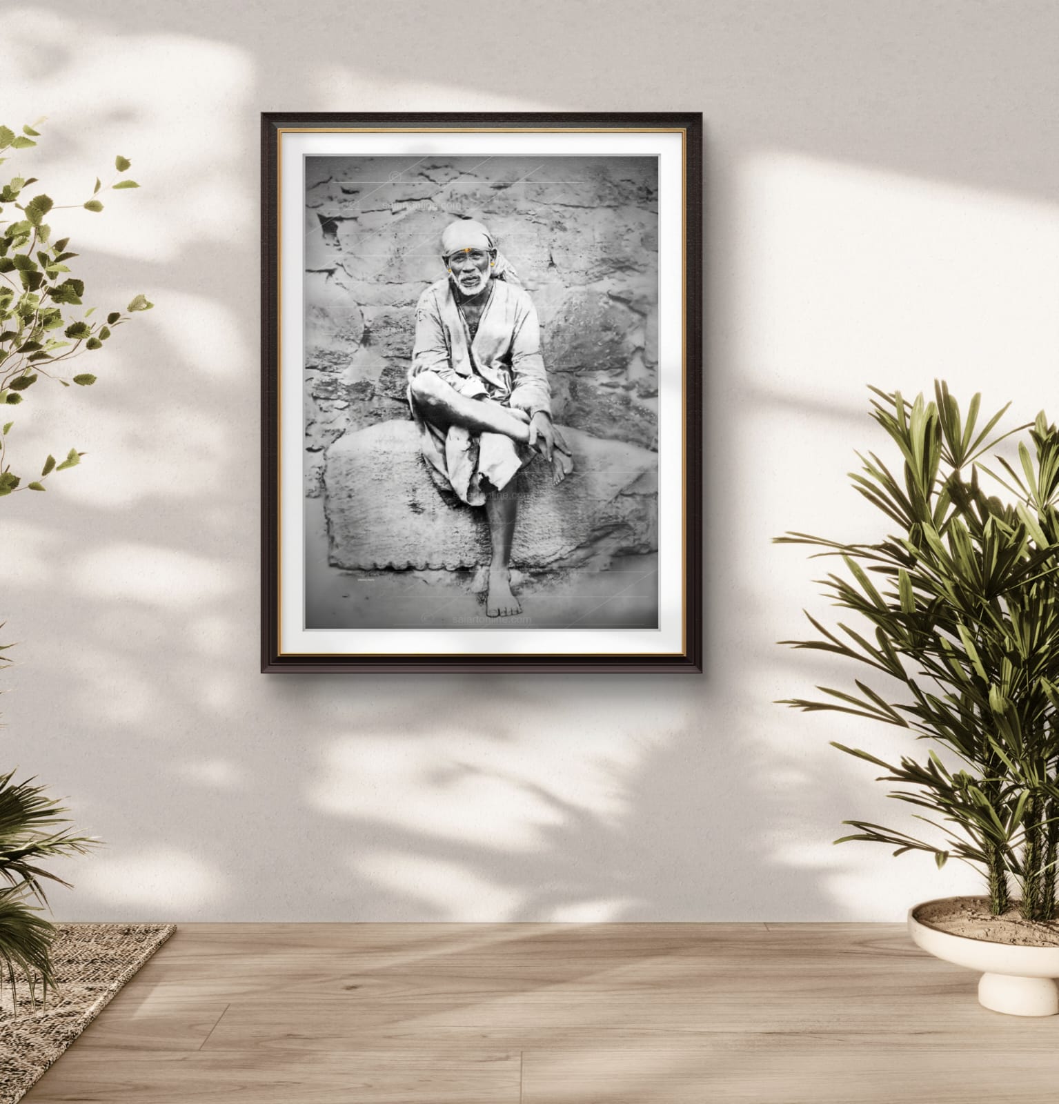 Shirdi Sai Baba Original Photo Sitting on Stone Canvas Painting | UV Coated Waterproof HD Wall Art by Hemant Art