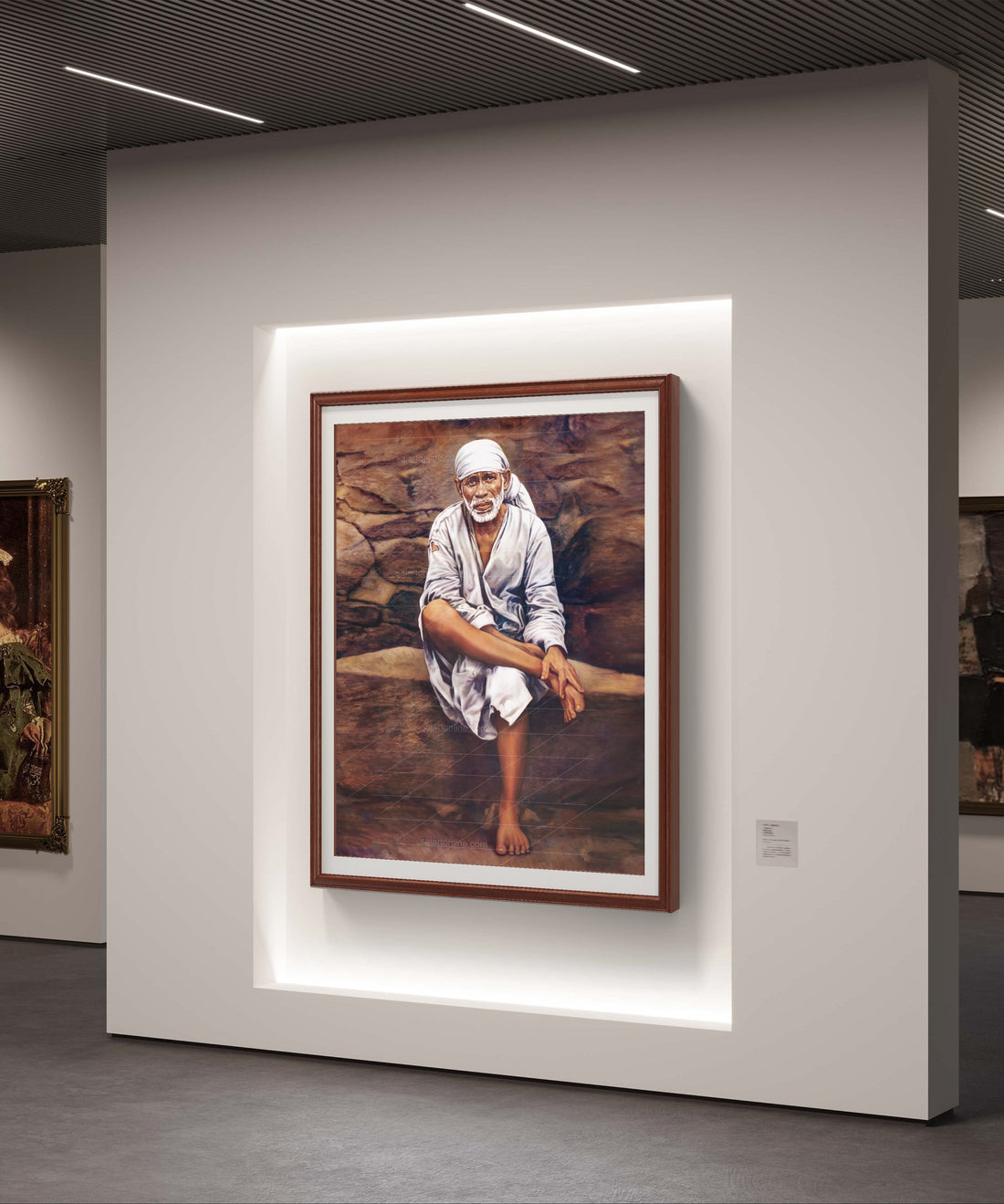 Sai Baba Original Photo Sitting on Stone Canvas Painting | Hemant Art