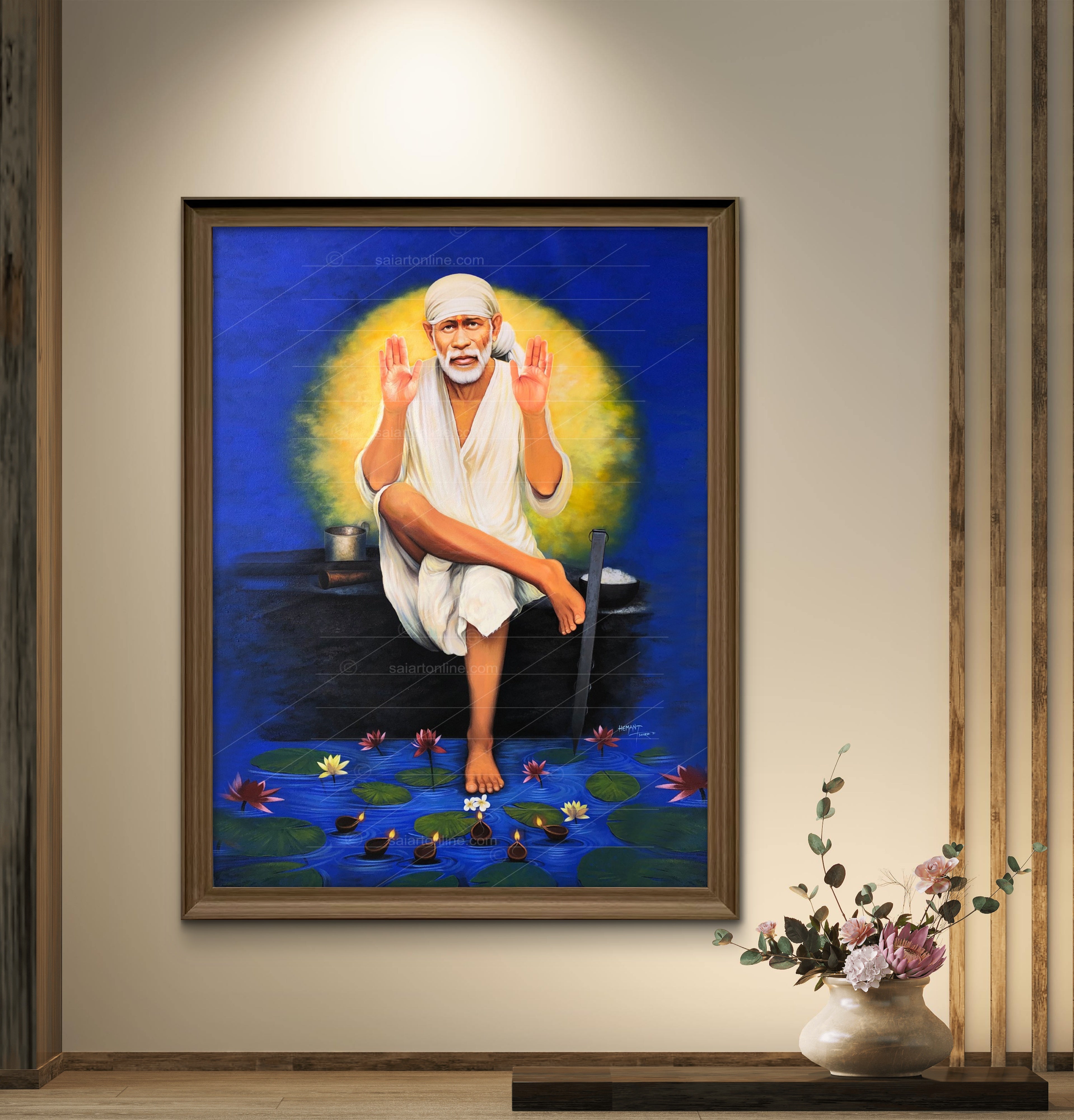 Shirdi Sai Baba Original Photo Sitting on Stone Canvas Painting | UV Coated Waterproof HD Wall Art by Hemant Art