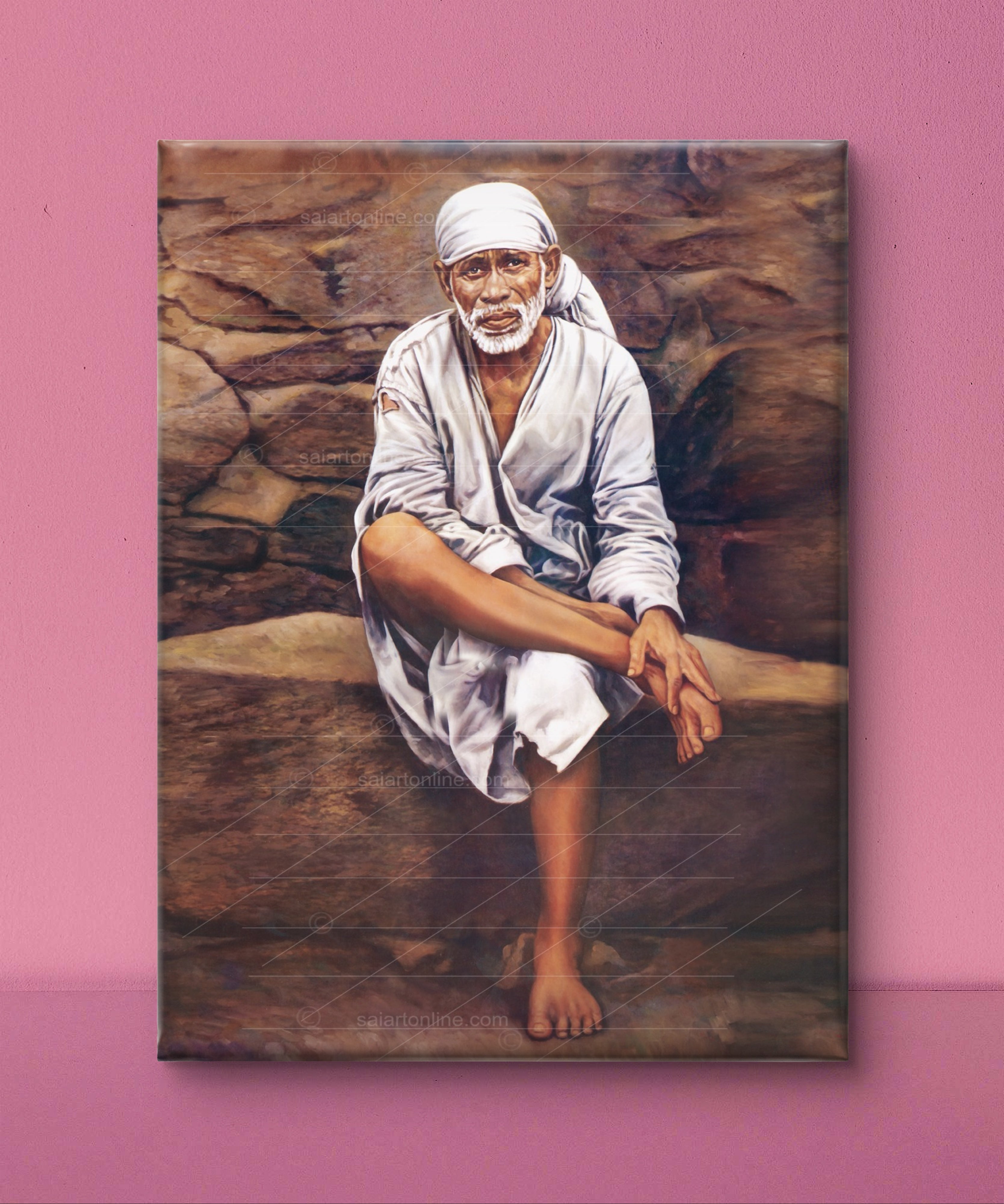 Shirdi Sai Baba Original Photo Sitting on Stone Canvas Painting | UV Coated Waterproof HD Wall Art by Hemant Art