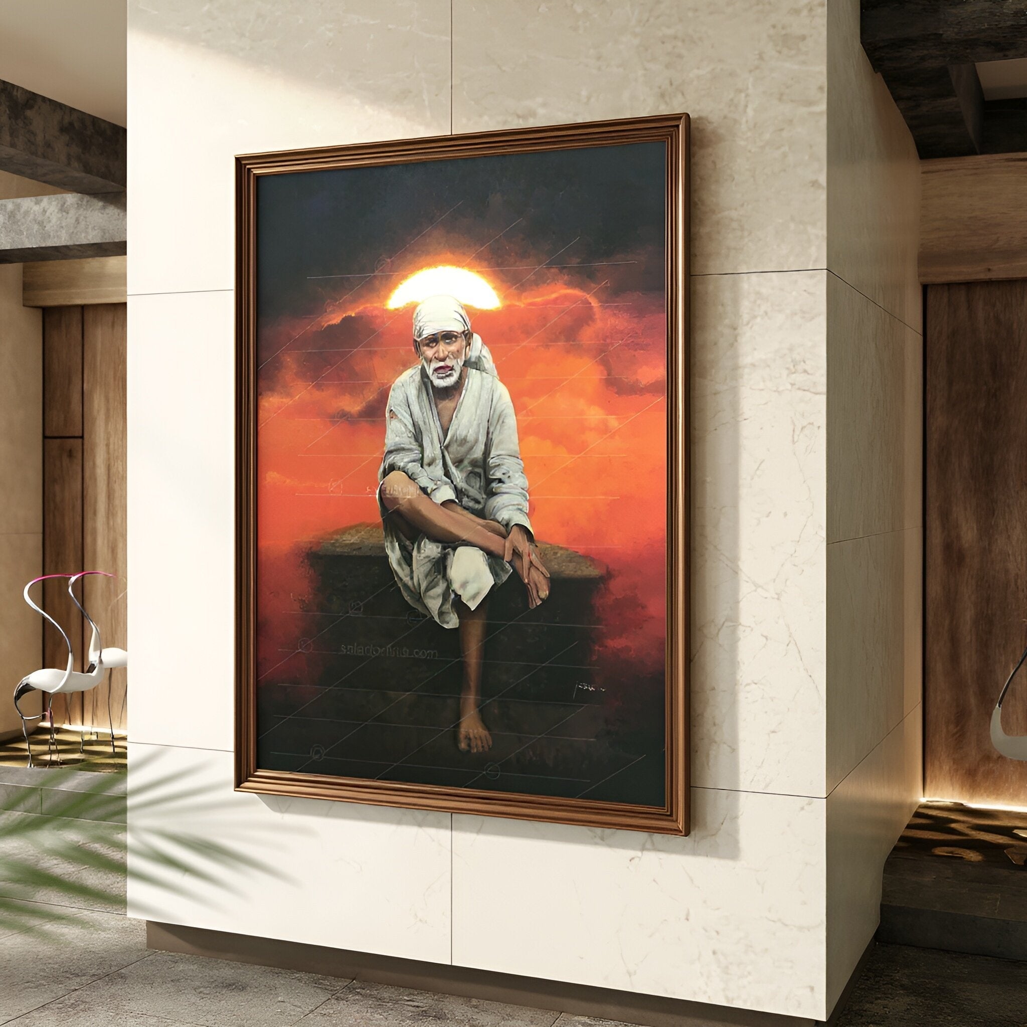 Shirdi Sai Baba Original Photo Sitting on Stone Canvas Painting | UV Coated Waterproof HD Wall Art by Hemant Art