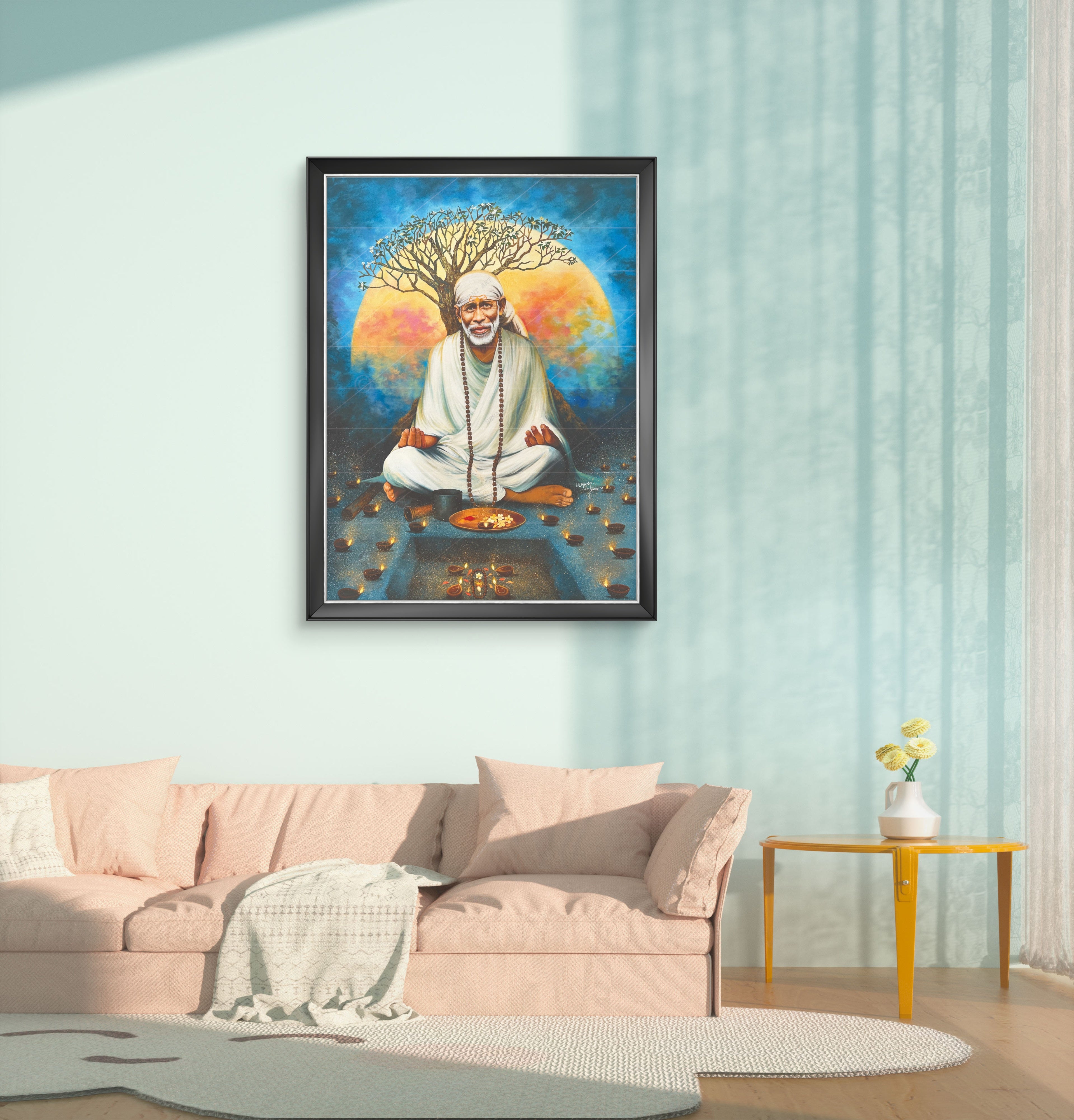 🖼️ Hemant Art Shirdi Sai Baba Meditation Photo Frame Canvas Painting/Canvas Wall Art – Spiritual Home Decor for Puja Room & Meditation Space Success Active