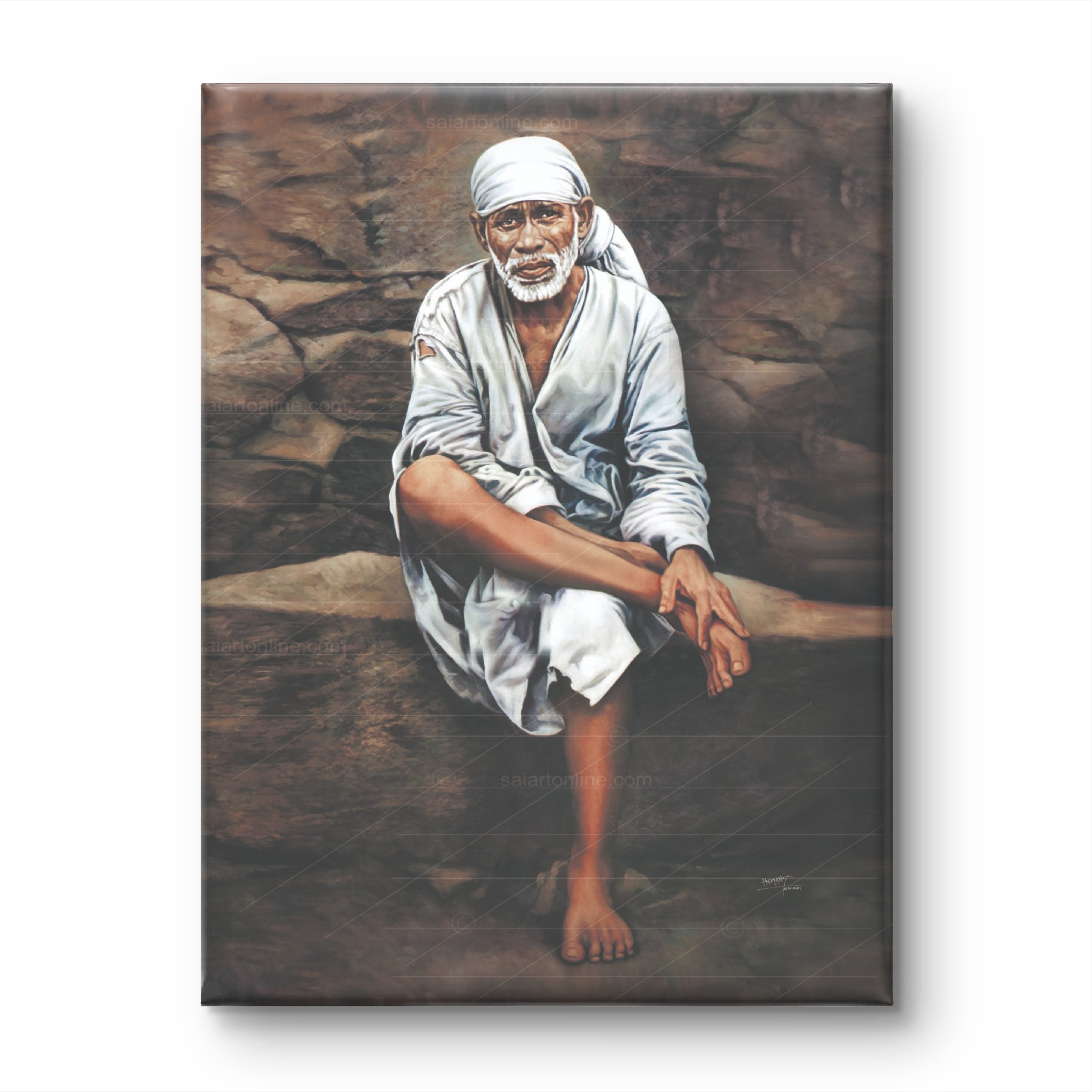 Shirdi Sai Baba Photo Sitting On Stone Hand Painting Canvas Reprint Wall Art Decor photo, Picture/Poster