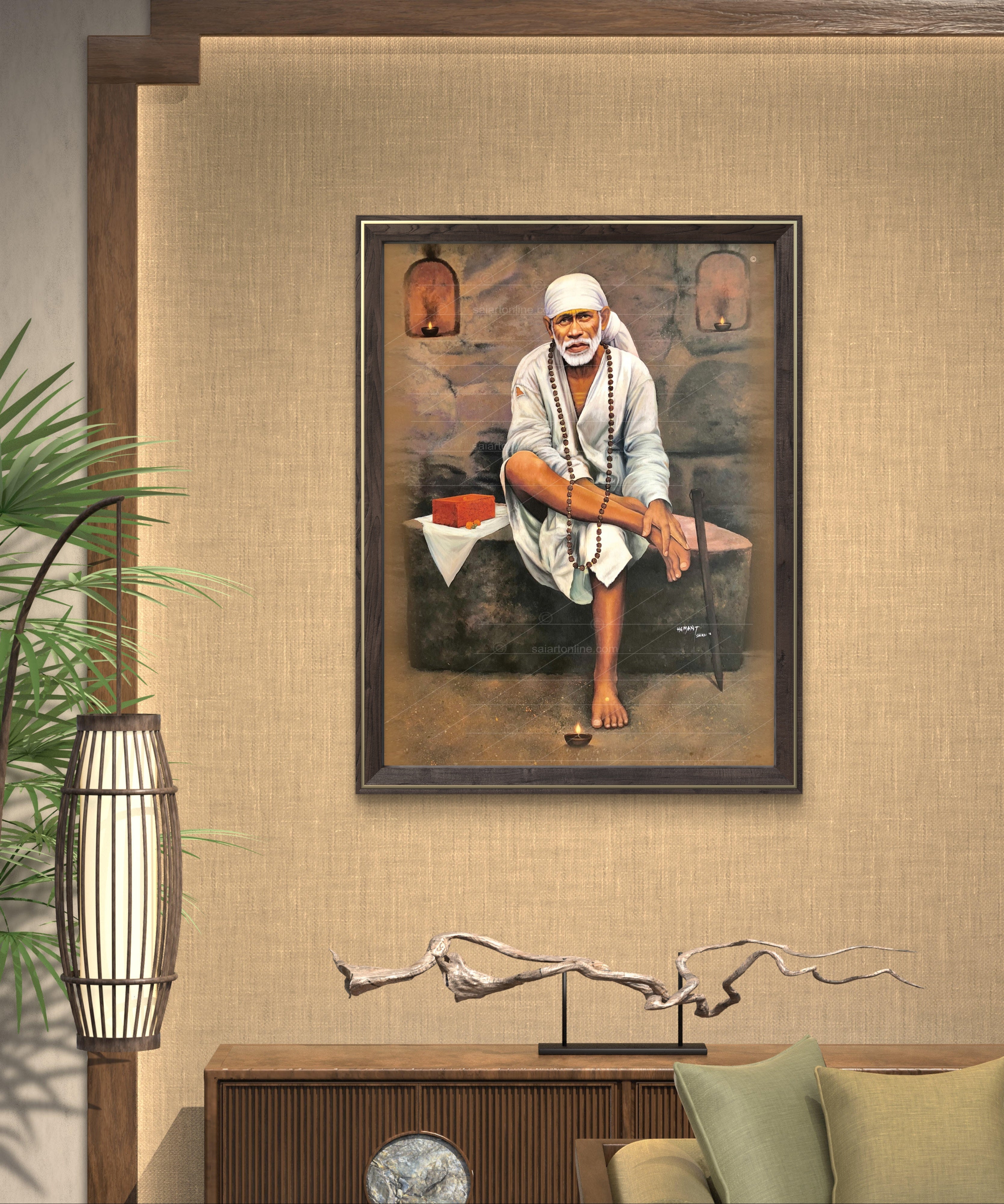 Shirdi Sai Baba Original Photo Sitting on Stone Canvas Painting | UV Coated Waterproof HD Wall Art by Hemant Art