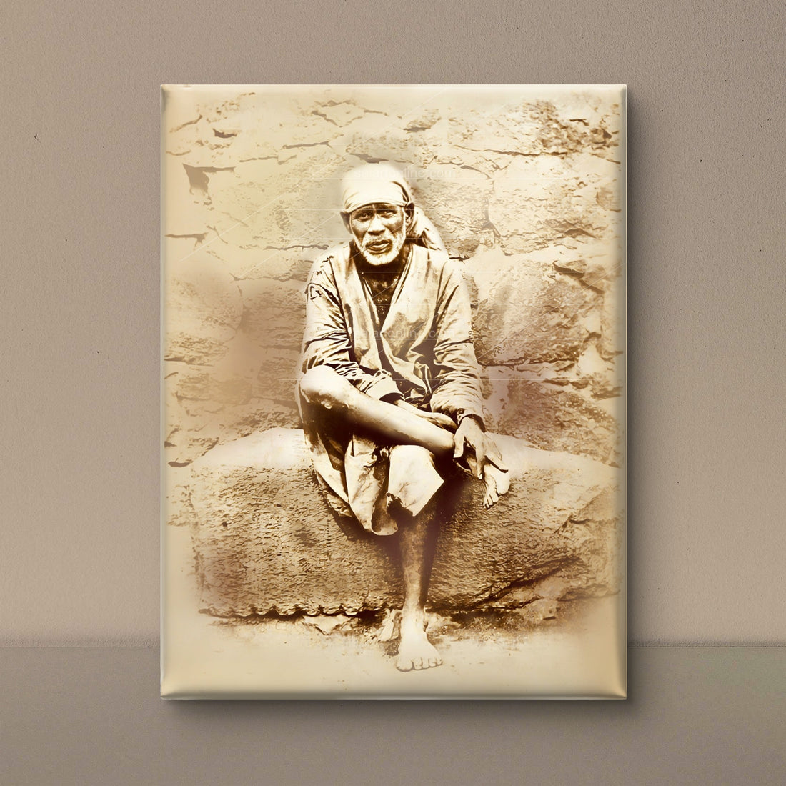 Sai Baba Original Photo Sitting on Stone Canvas Reprint | Hemant Art