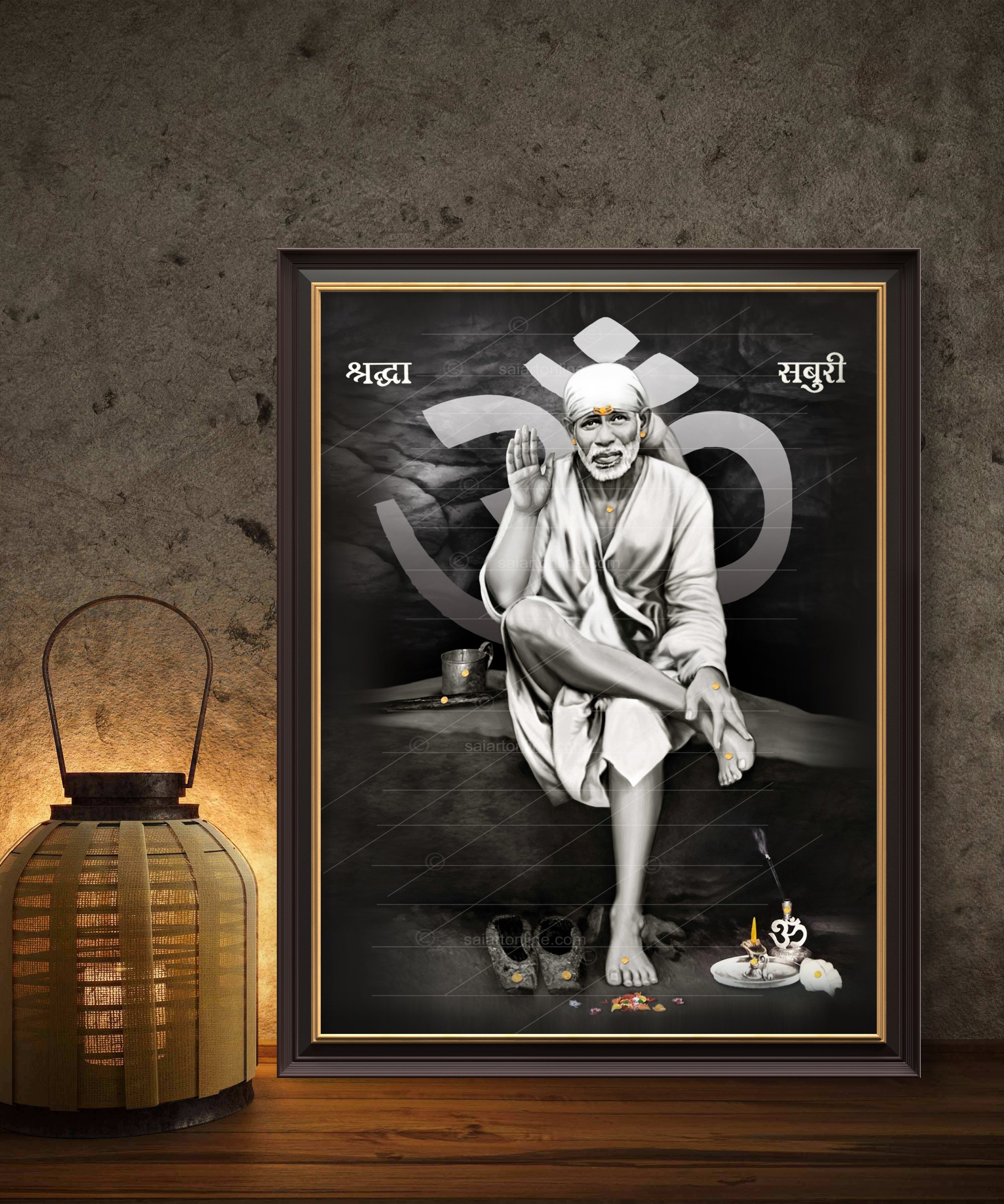 Shirdi Sai Baba Original Photo Sitting on Stone Canvas Painting | UV Coated Waterproof HD Wall Art by Hemant Art