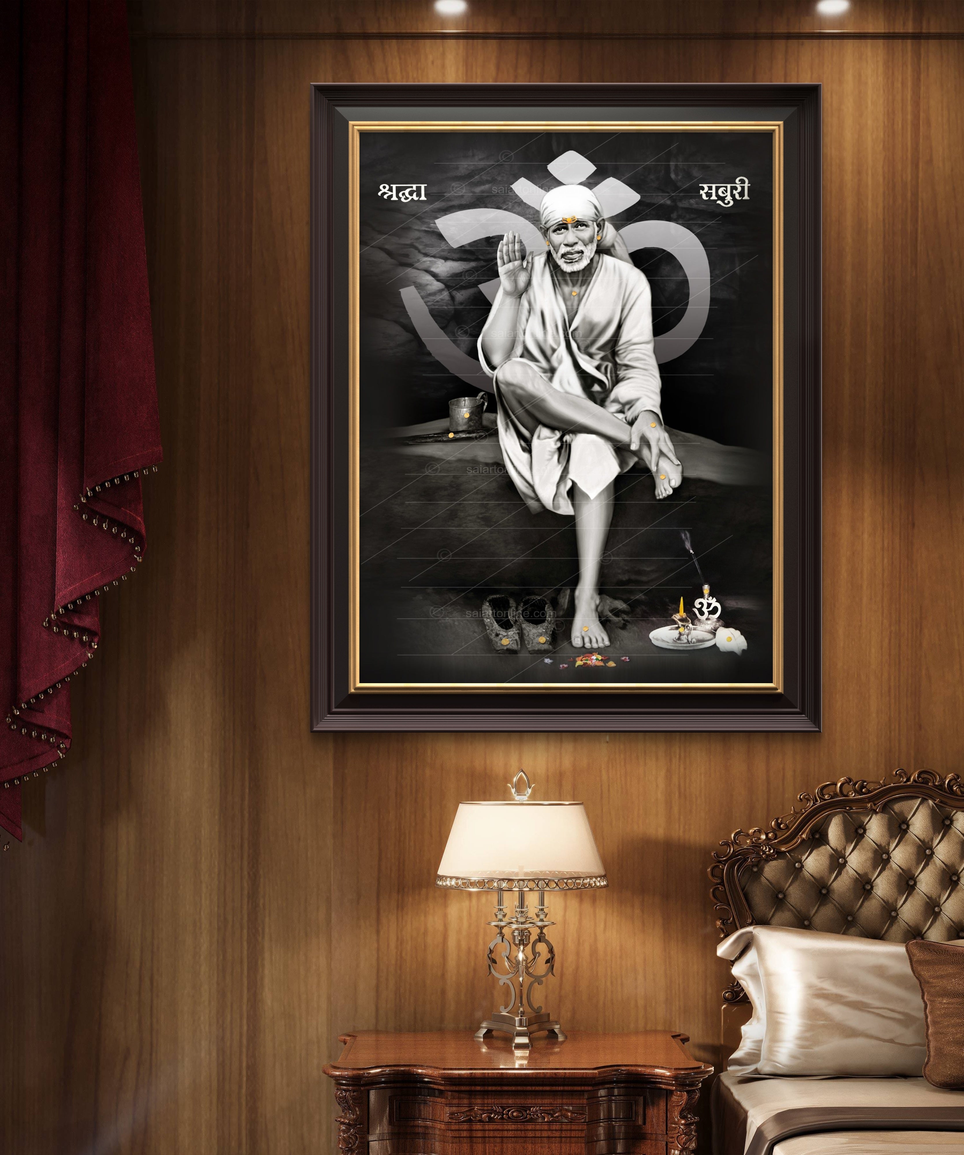 Shirdi Sai Baba Original Photo Sitting on Stone Canvas Painting | UV Coated Waterproof HD Wall Art by Hemant Art