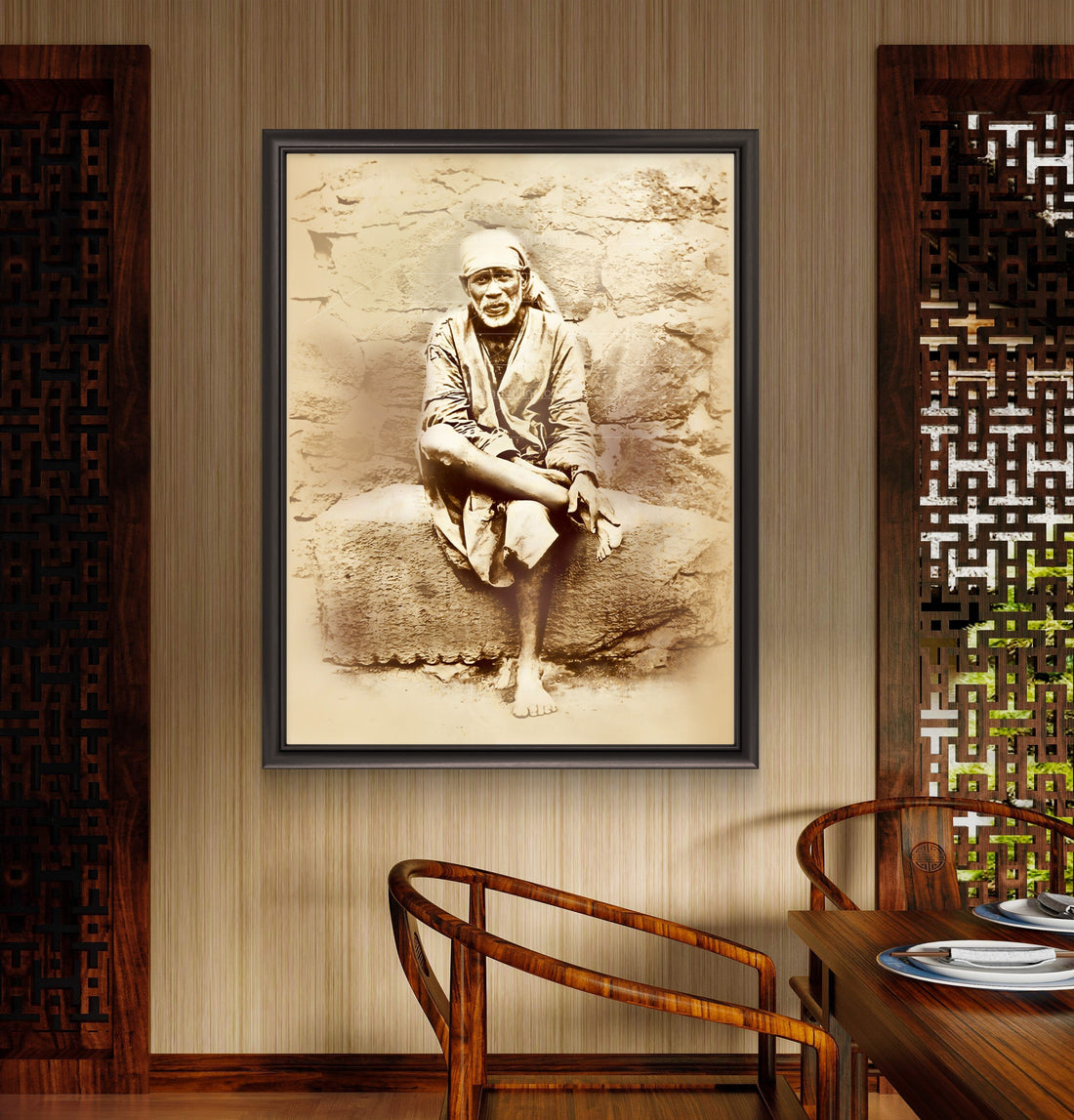 Sai Baba Original Photo Sitting on Stone Canvas Reprint | Hemant Art