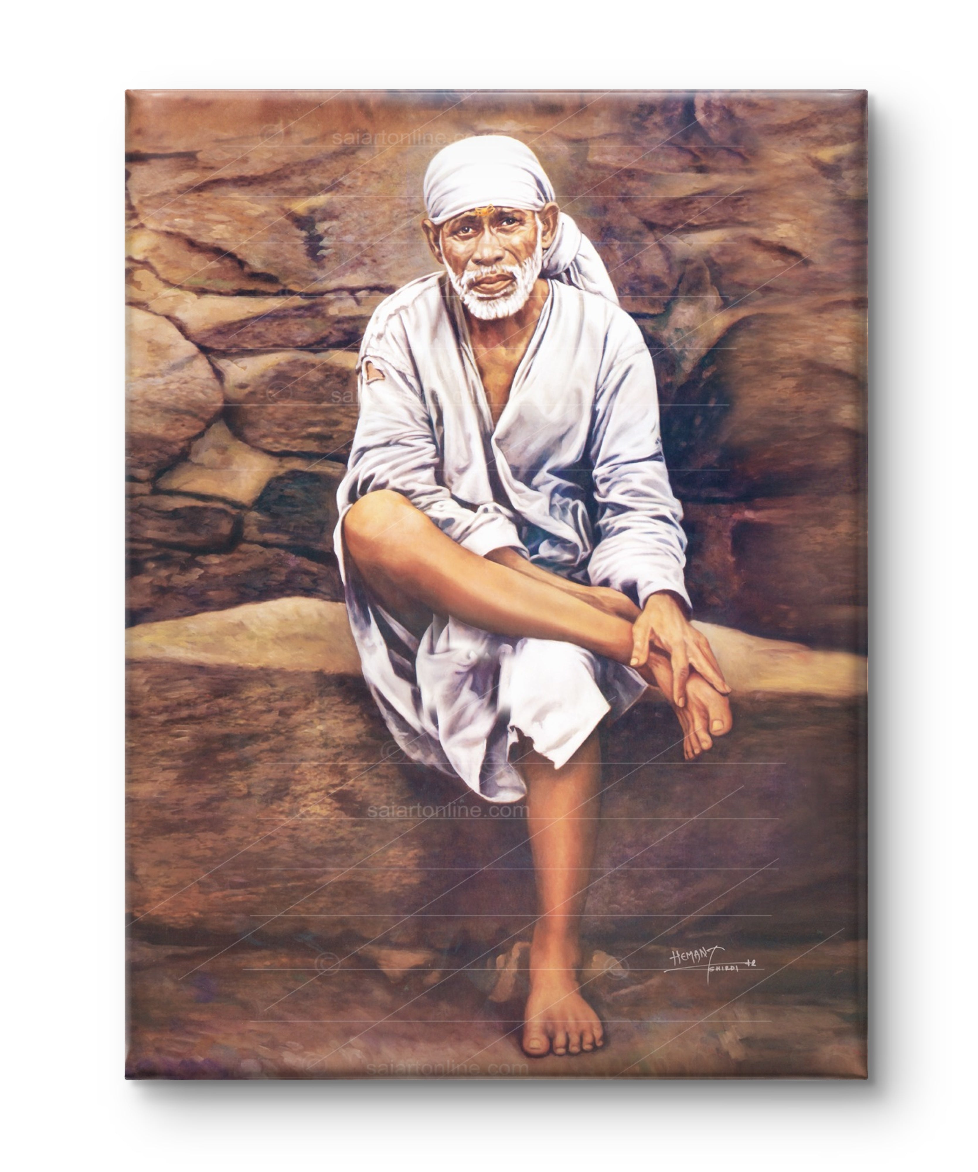 Shirdi Sai Baba Original Photo Sitting on Stone Canvas Painting | UV Coated Waterproof HD Wall Art by Hemant Art