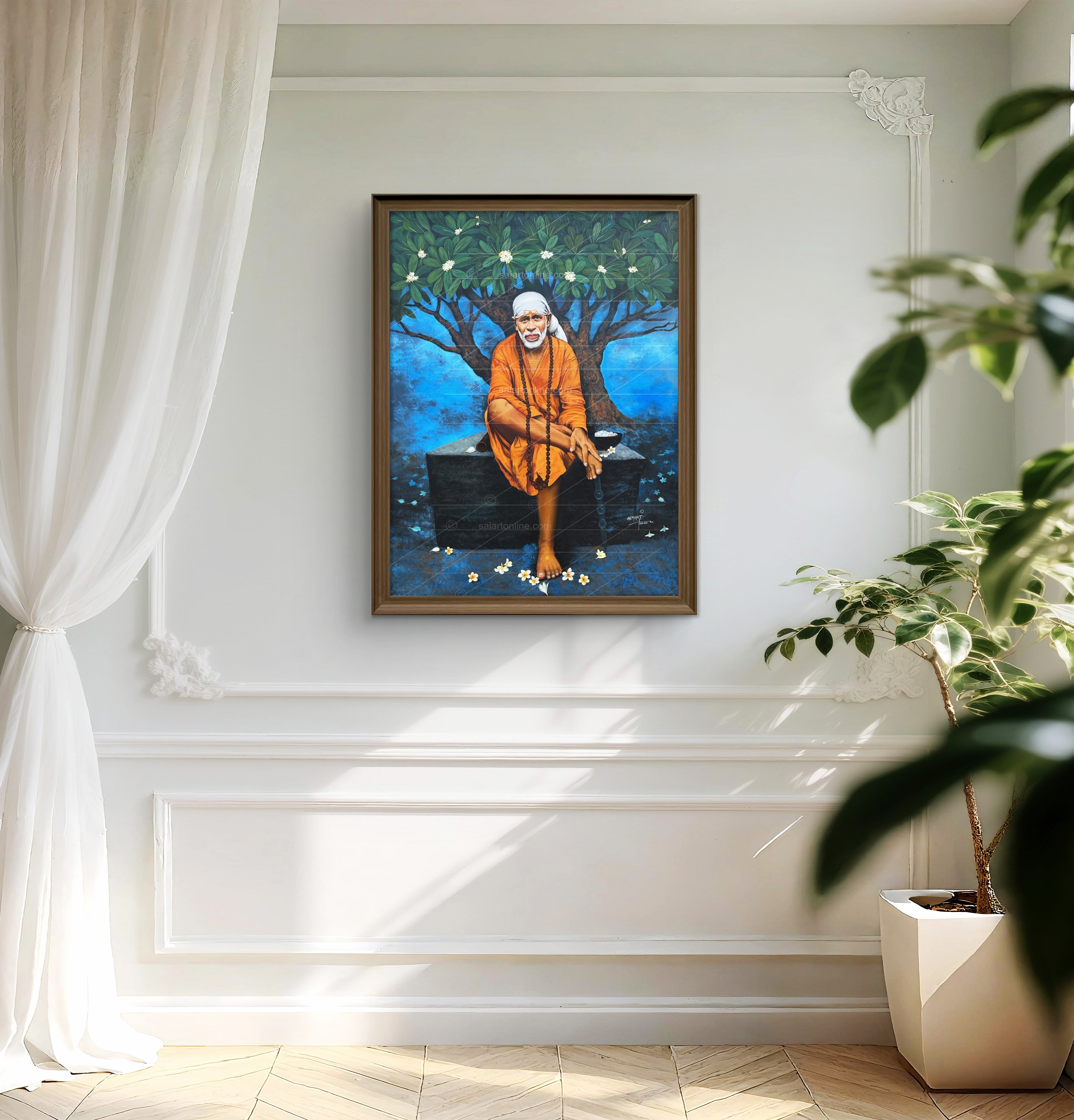 Shirdi Sai Baba Original Photo Sitting on Stone Canvas Painting | UV Coated Waterproof HD Wall Art by Hemant Art