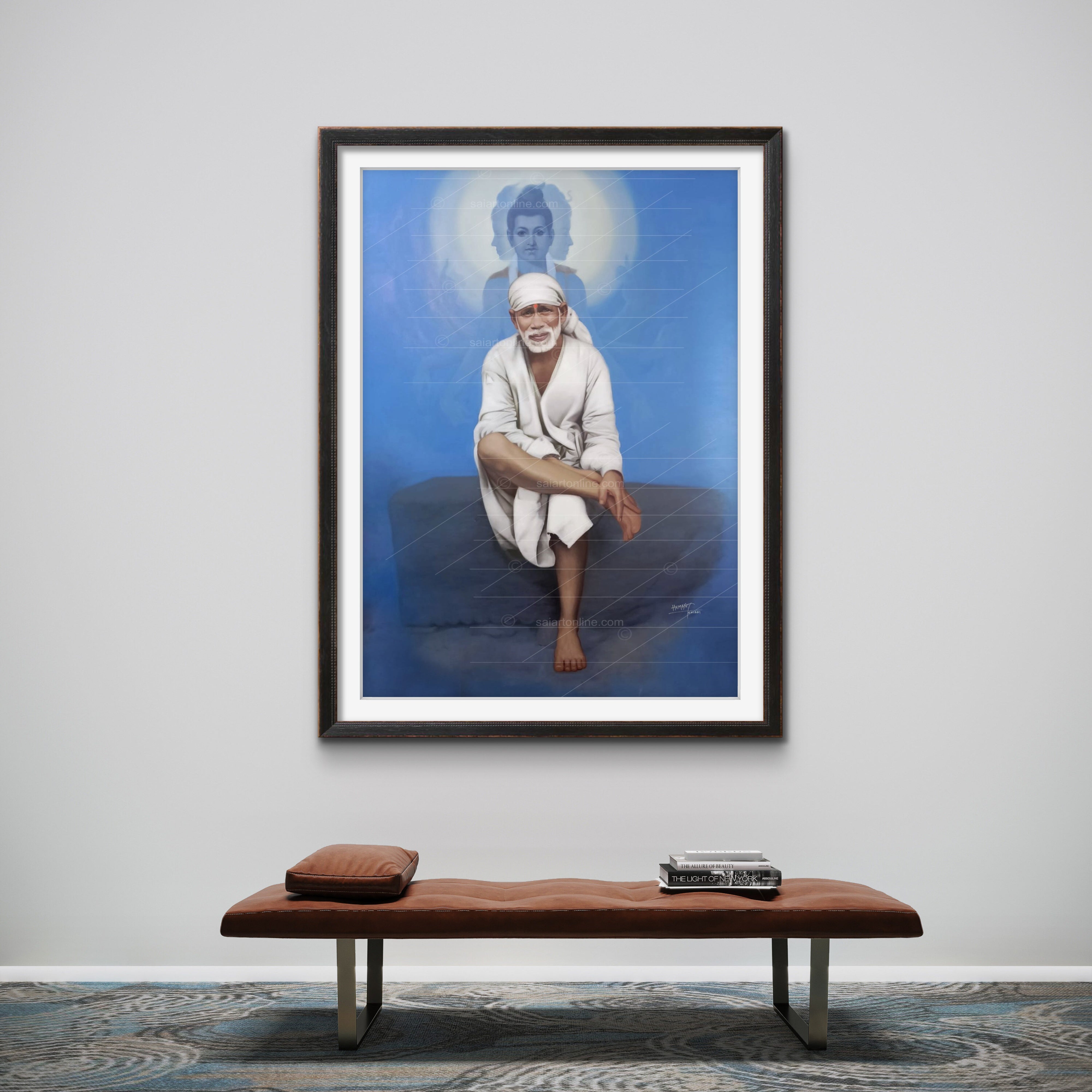 Shirdi Sai Baba Photo Sitting On Stone Hand Painting Canvas Reprint Wall Art Decor photo, Picture/Poster