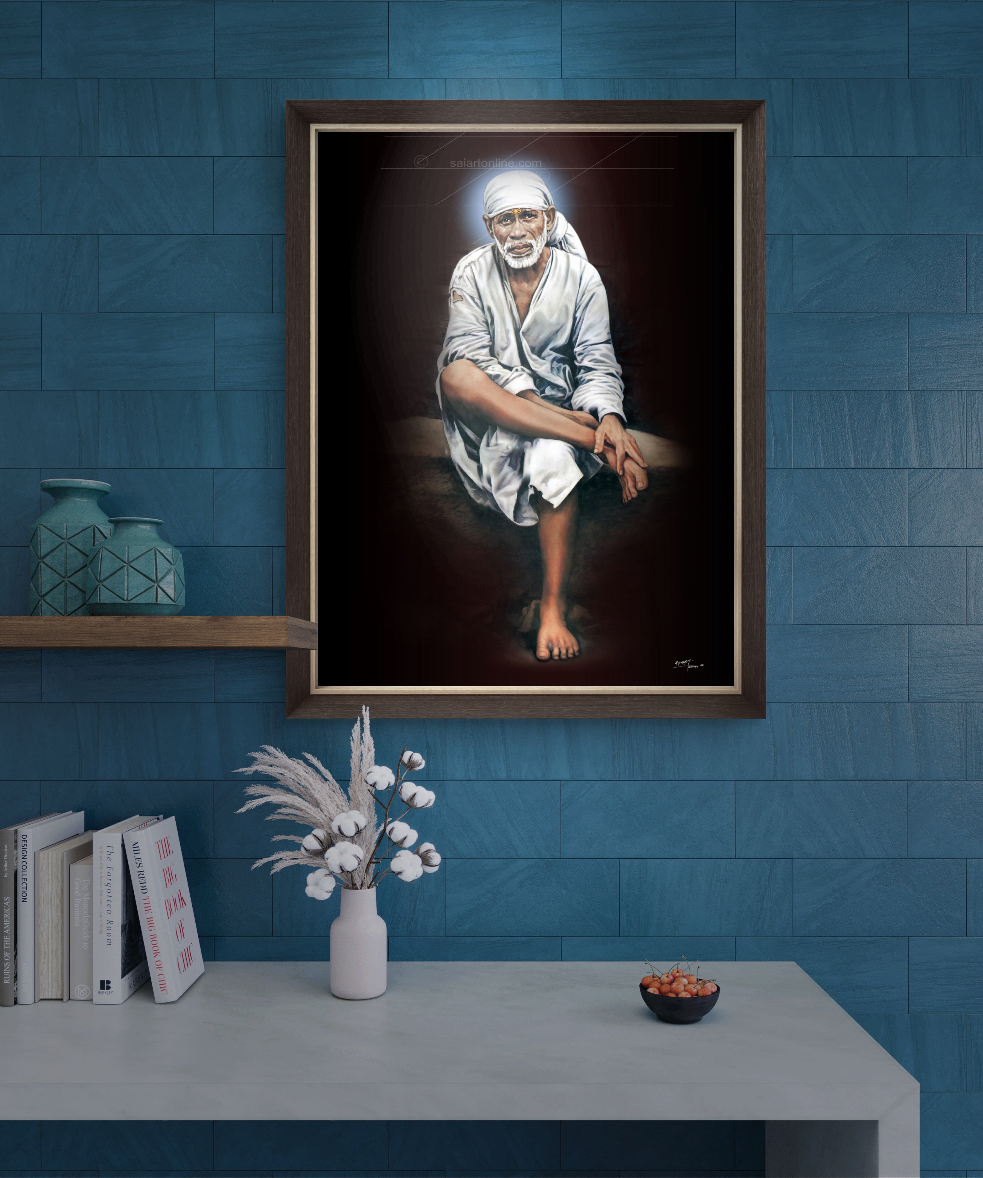 Shirdi Sai Baba Original Photo Sitting on Stone Canvas Painting | UV Coated Waterproof HD Wall Art by Hemant Art