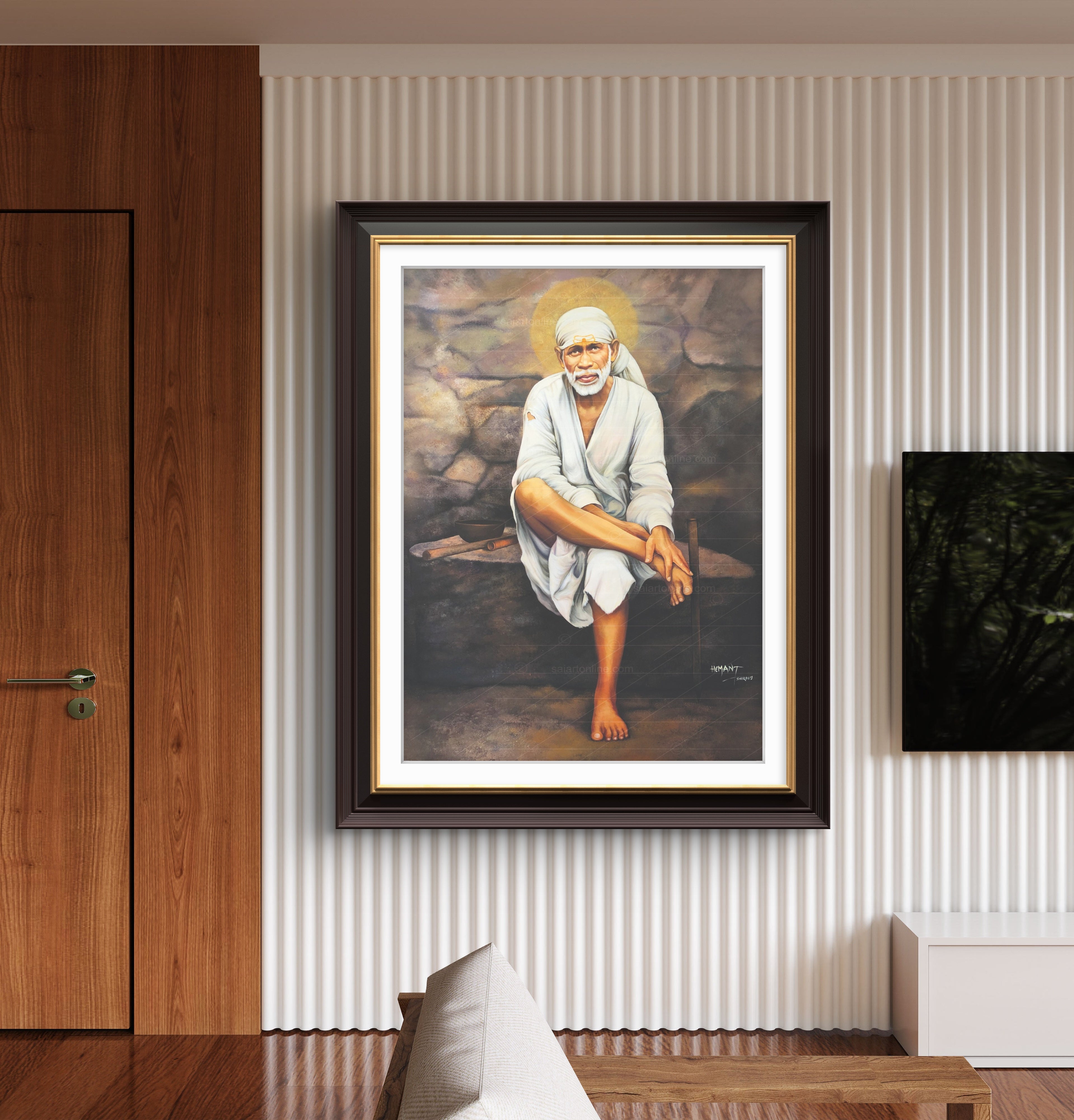 Shirdi Sai Baba Original Photo Sitting on Stone Canvas Painting | UV Coated Waterproof HD Wall Art by Hemant Art