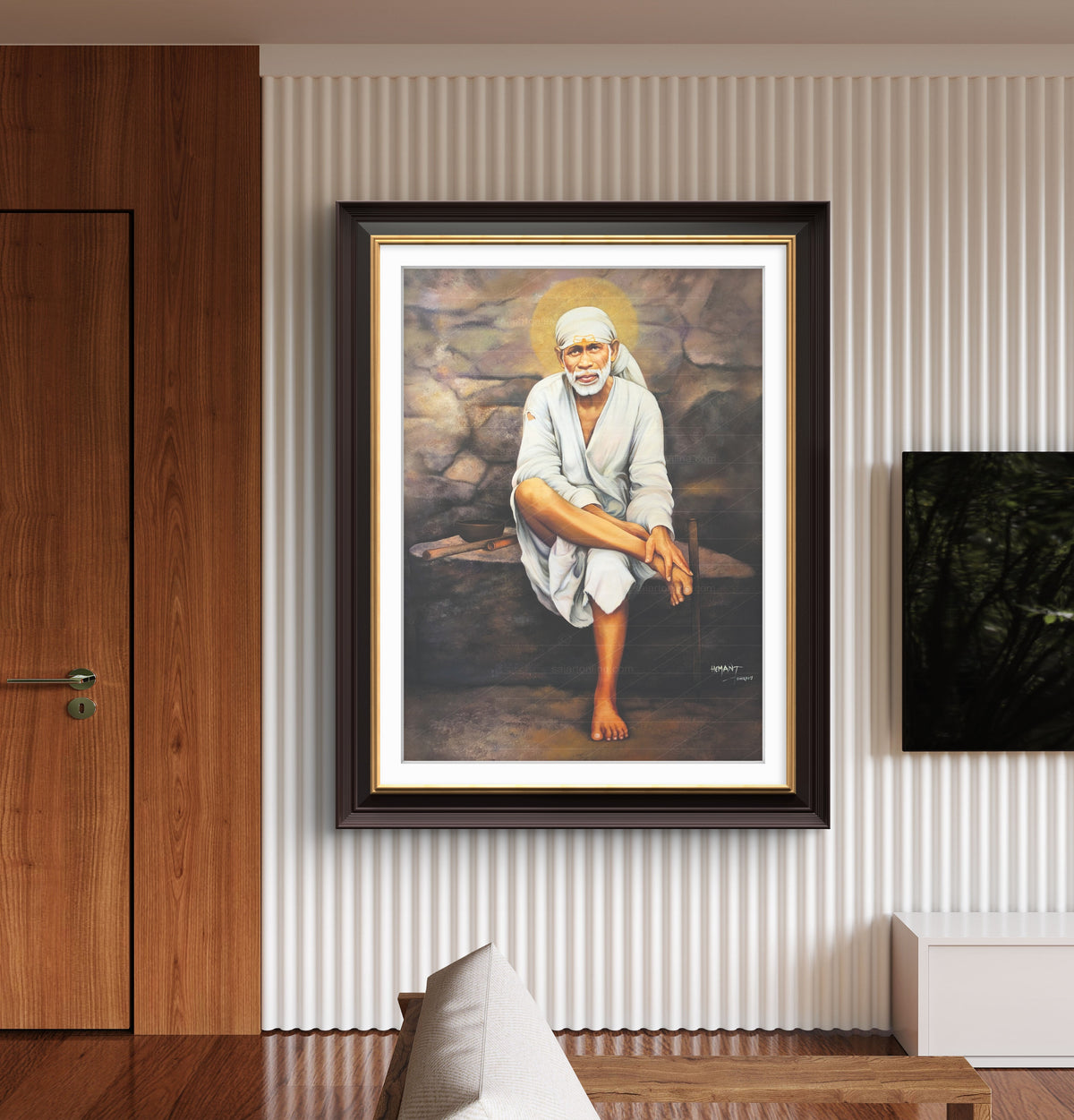 Sai Baba Original Photo Sitting on Stone Canvas Painting | Hemant Art
