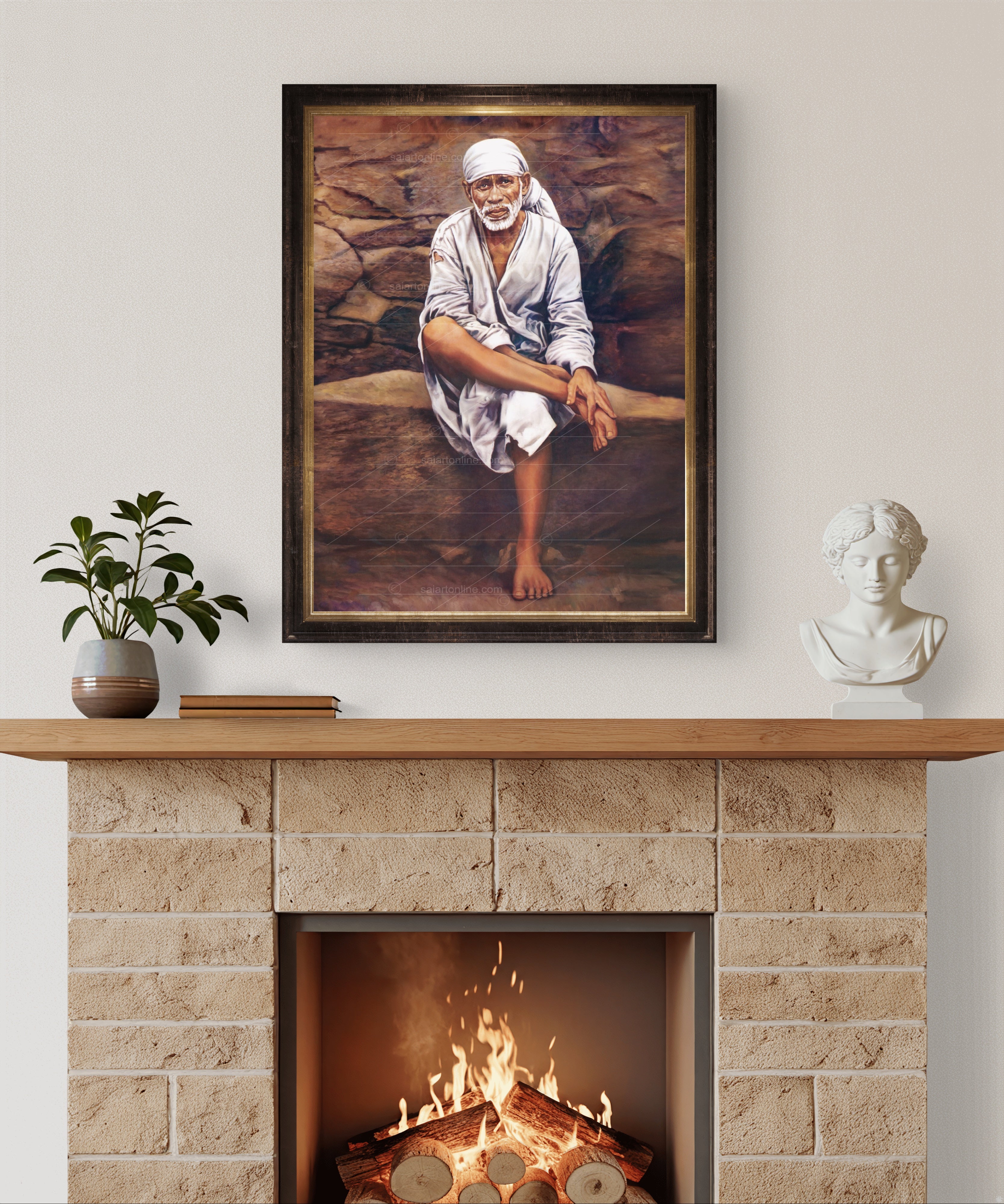 Shirdi Sai Baba Original Photo Sitting on Stone Canvas Painting | UV Coated Waterproof HD Wall Art by Hemant Art
