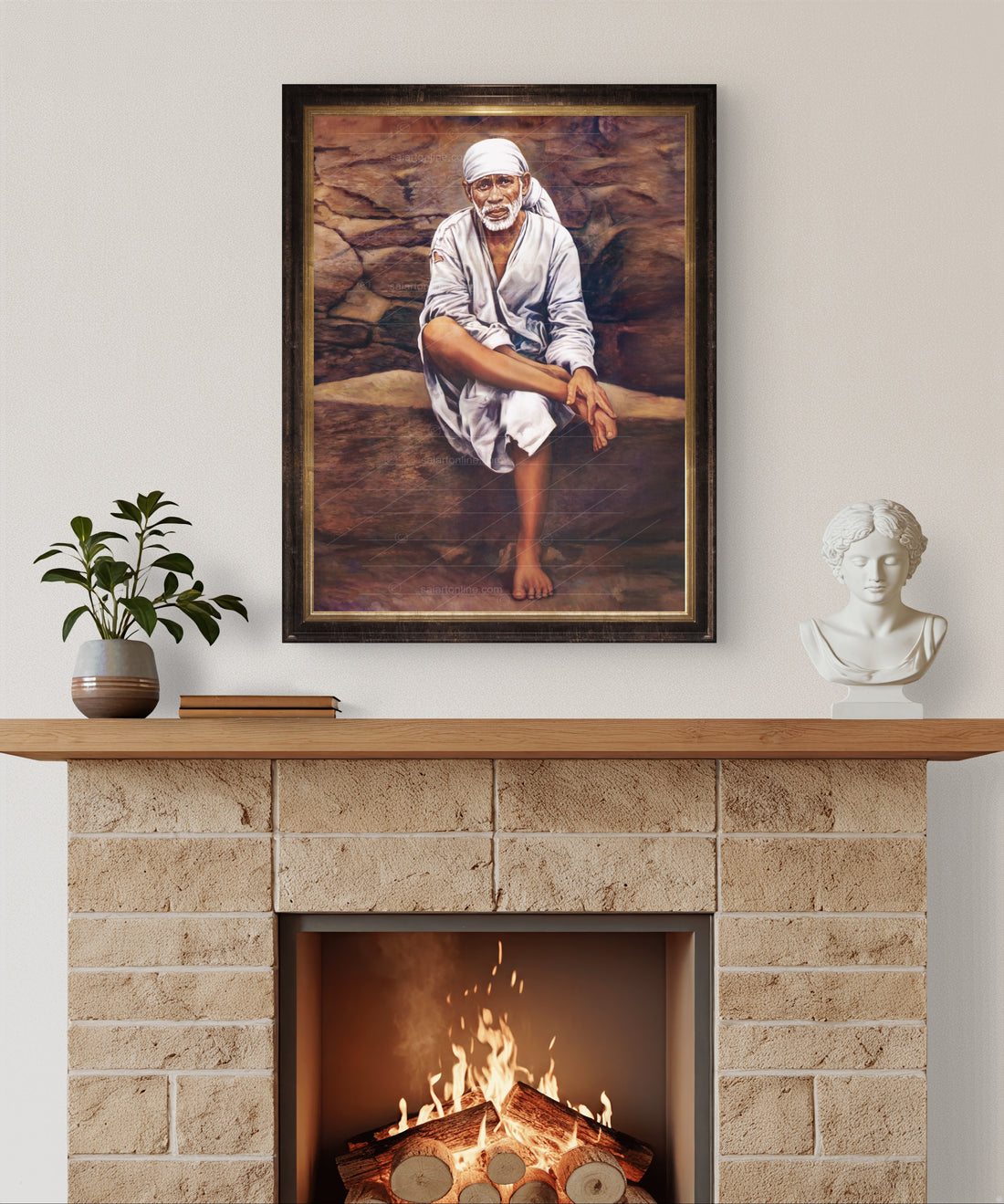 Sai Baba Original Photo Sitting on Stone Canvas Painting | Hemant Art