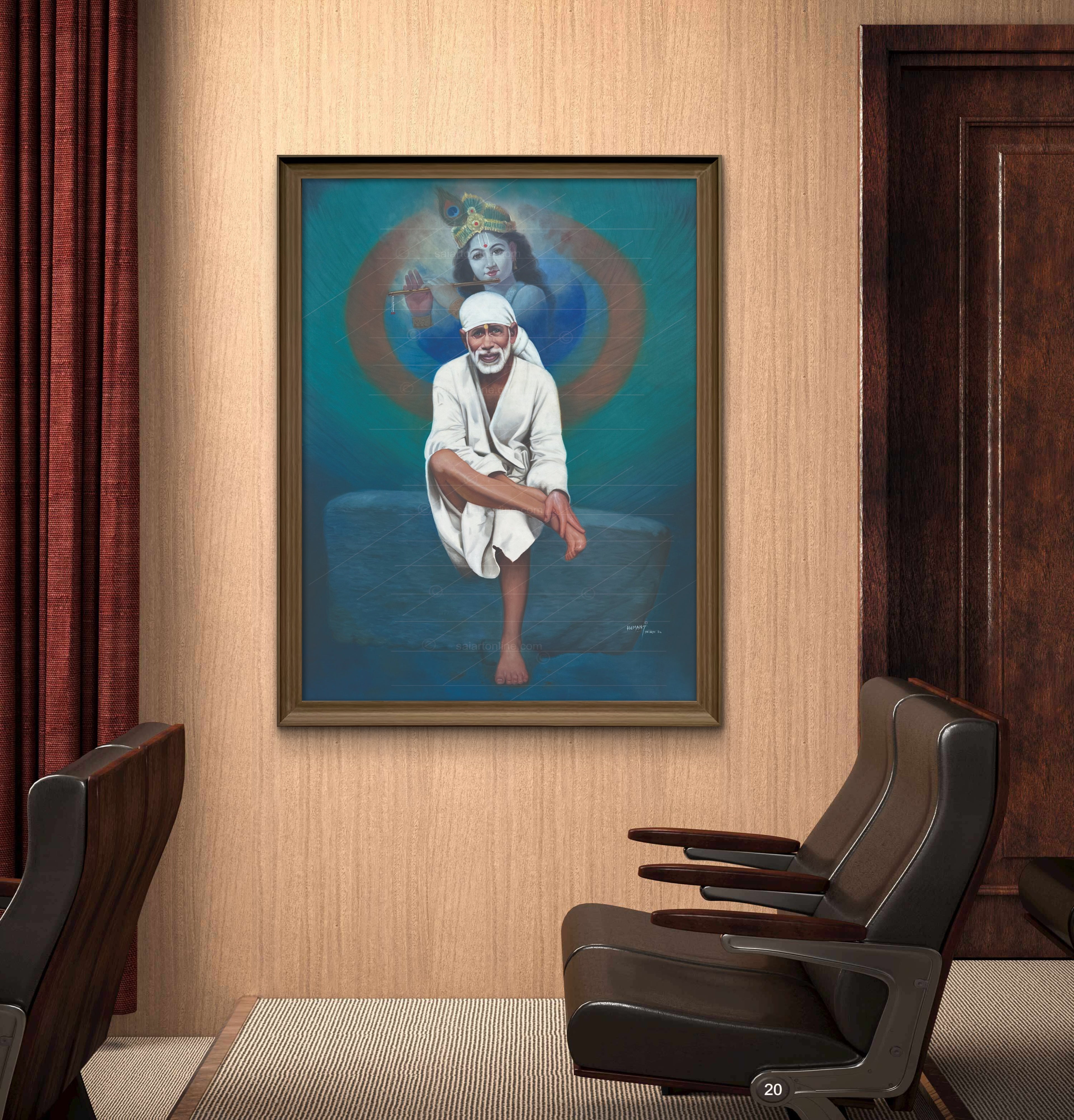 Shirdi Sai Baba Photo Sitting On Stone Hand Painting Canvas Reprint Wall Art Decor photo, Picture/Poster