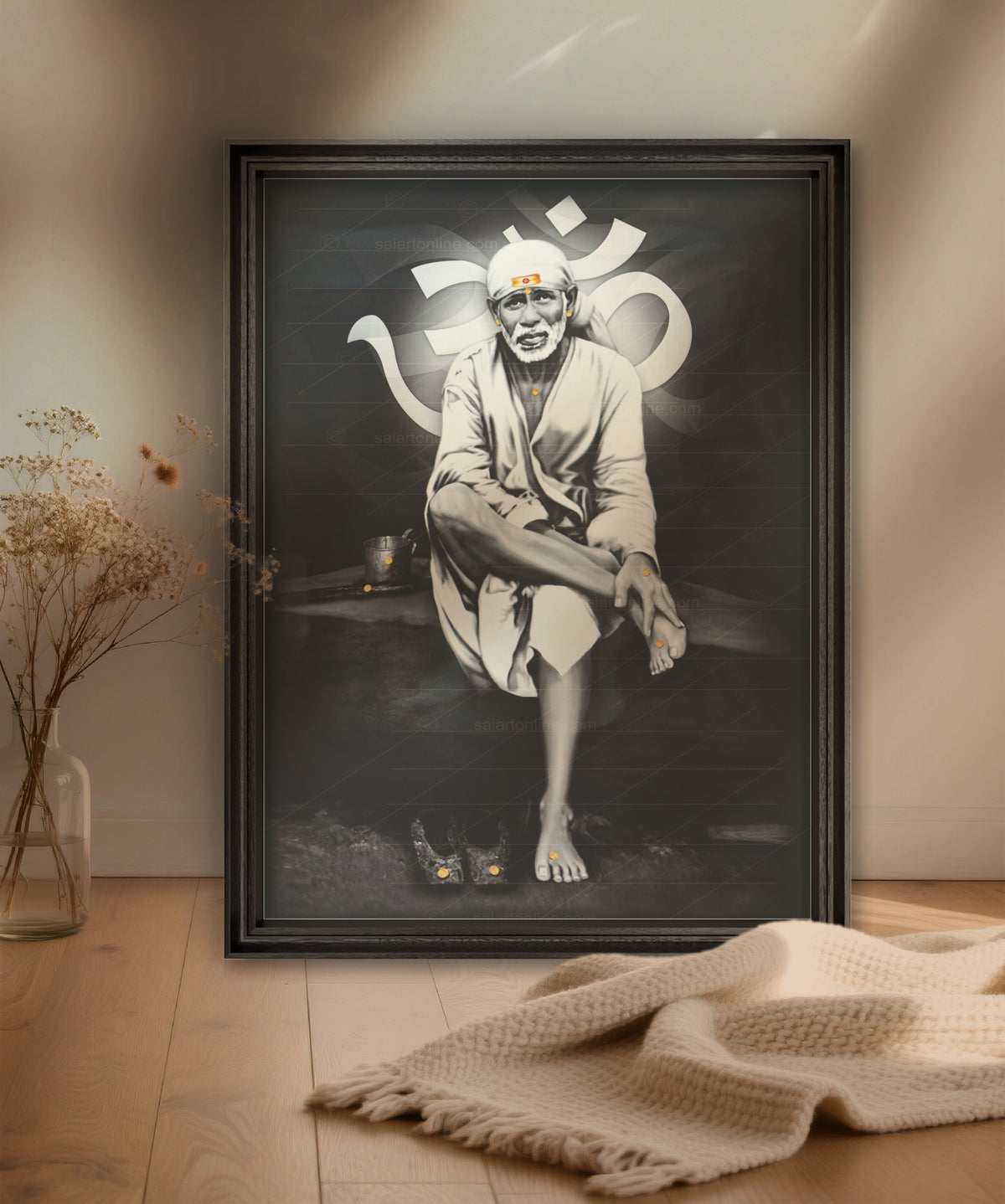 Sai Baba Original Photo Sitting on Stone Canvas Painting | Hemant Art