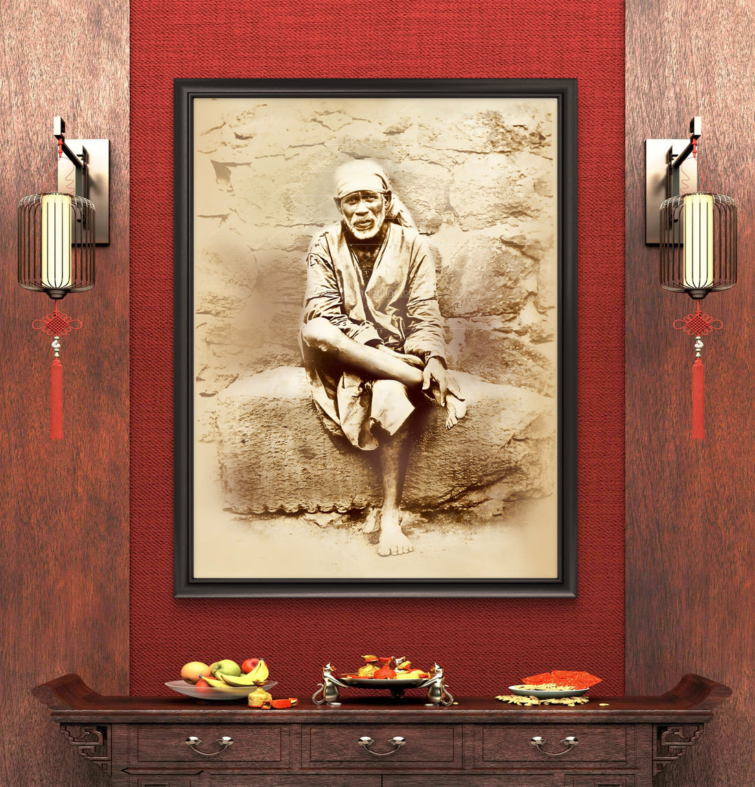 Sai Baba Original Photo Sitting on Stone Canvas Reprint | Hemant Art