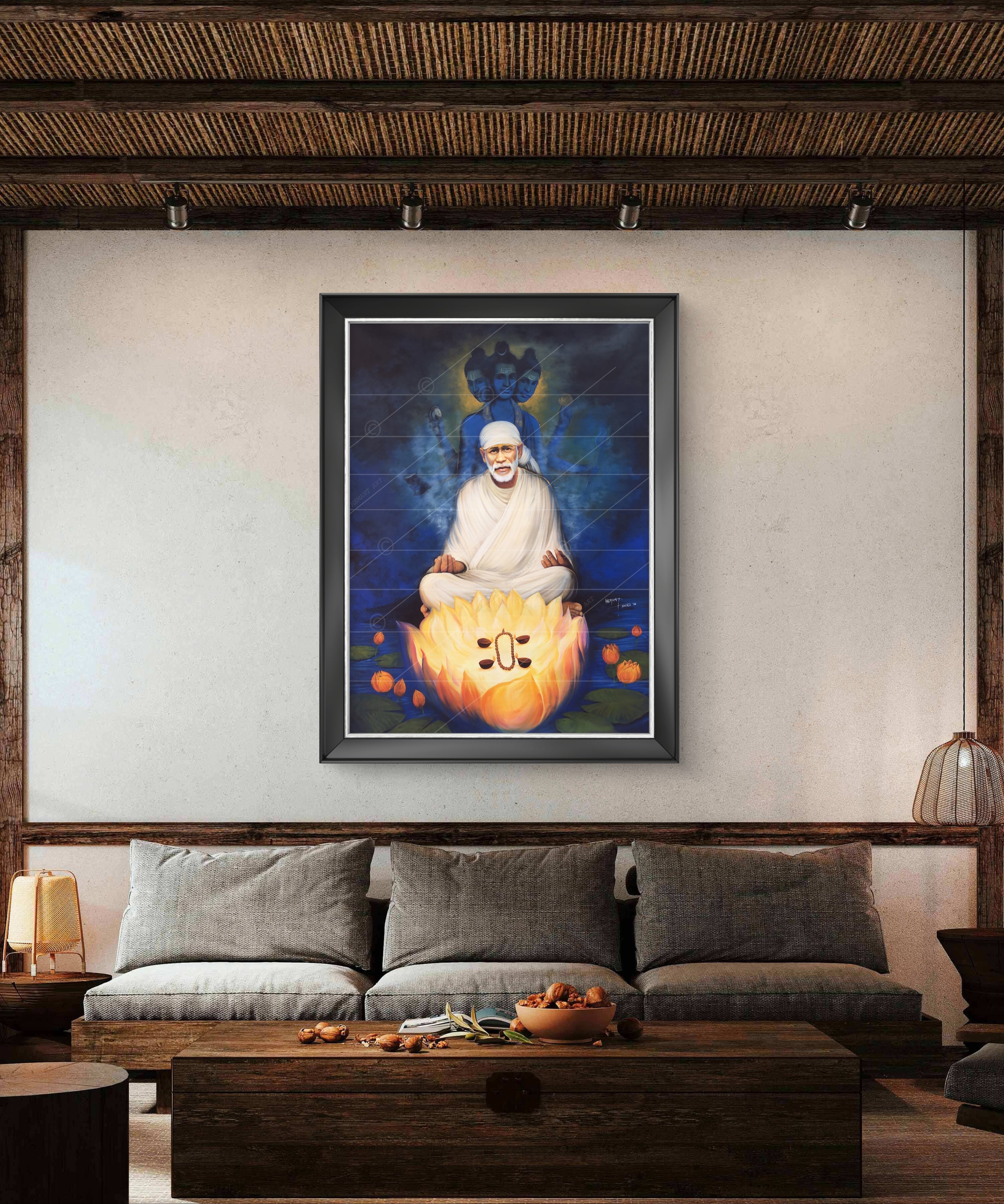 🖼️ Hemant Art Shirdi Sai Baba Meditation Photo Frame Canvas Painting/Canvas Wall Art – Spiritual Home Decor for Puja Room & Meditation Space