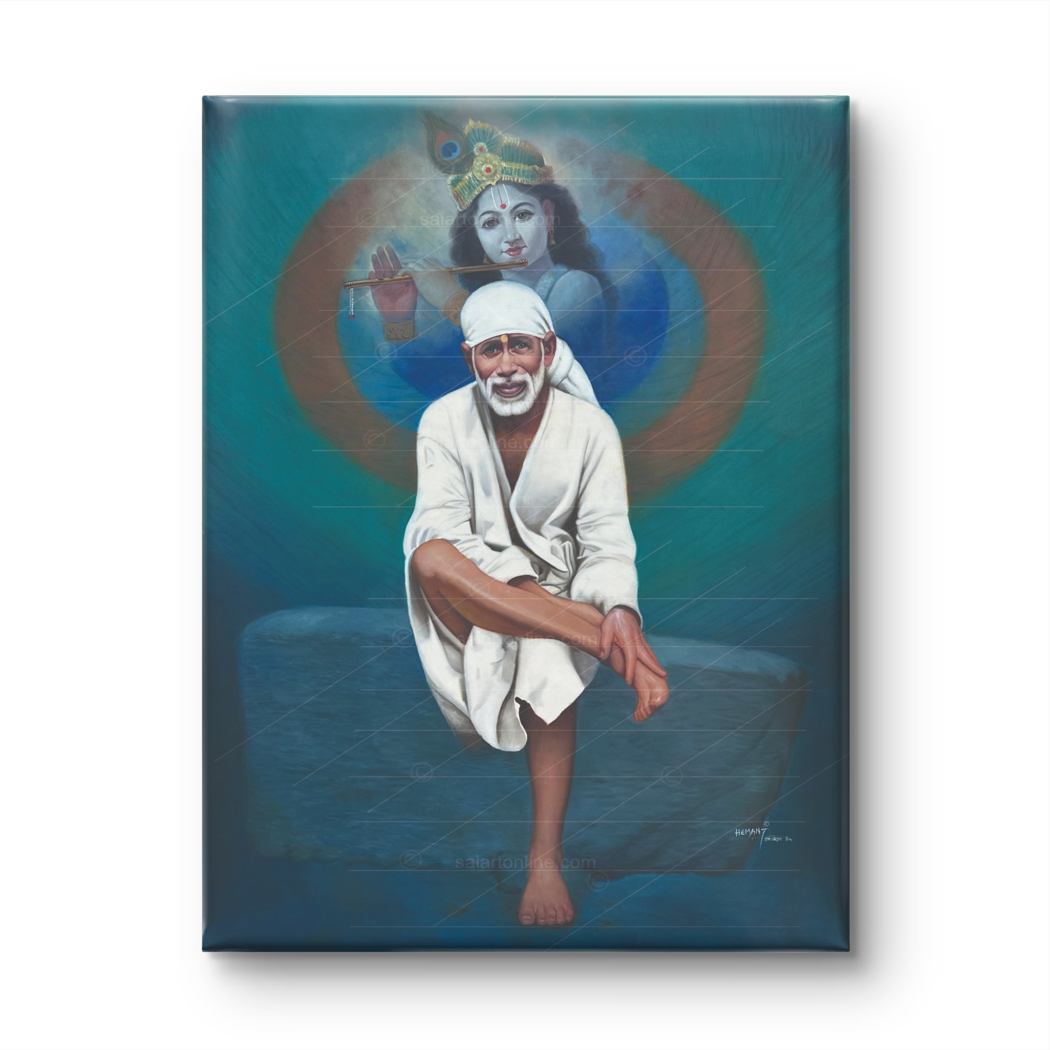Shirdi Sai Baba Photo Sitting On Stone Hand Painting Canvas Reprint Wall Art Decor photo, Picture/Poster