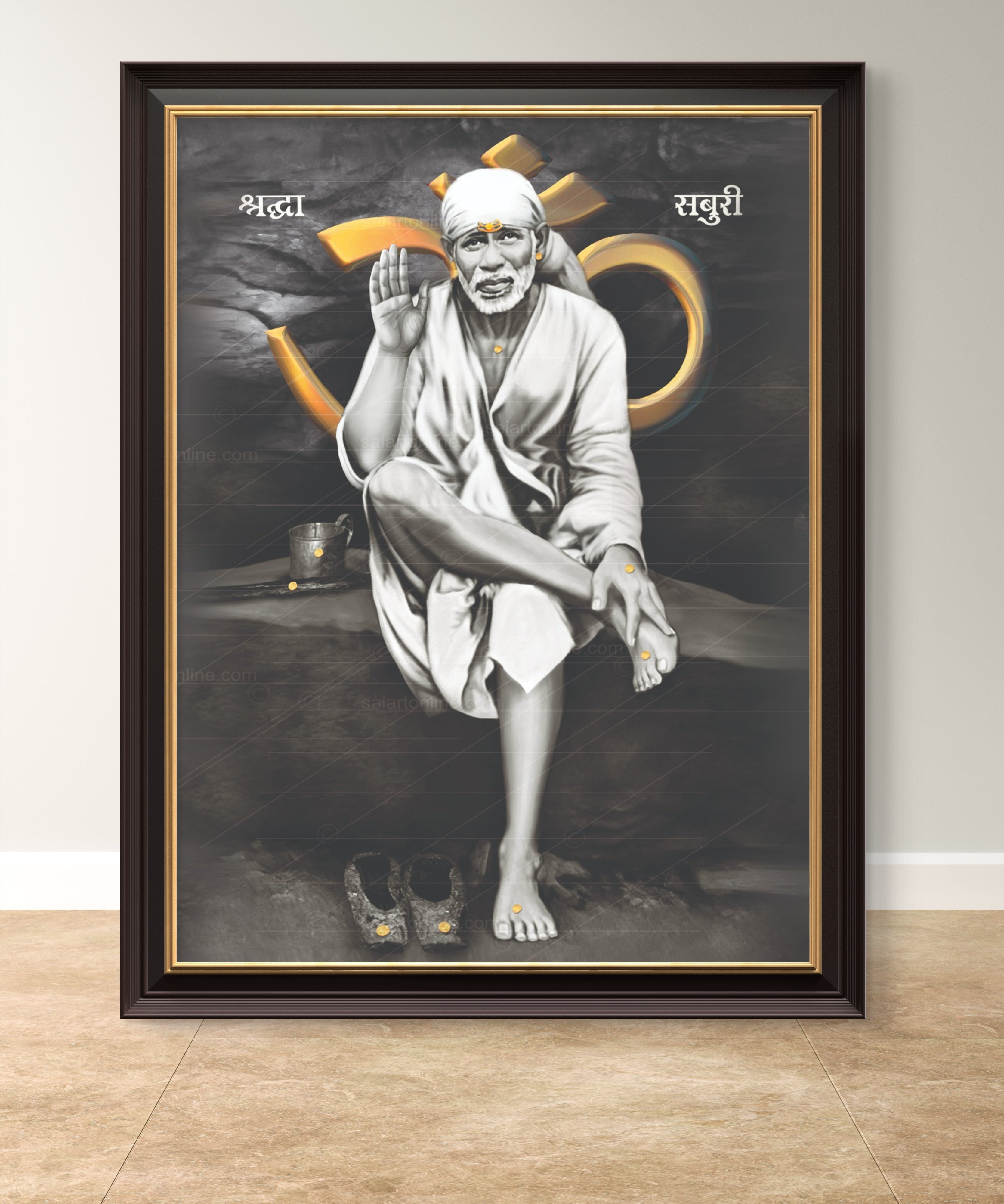 Shirdi Sai Baba Original Photo Sitting on Stone Canvas Painting | UV Coated Waterproof HD Wall Art by Hemant Art