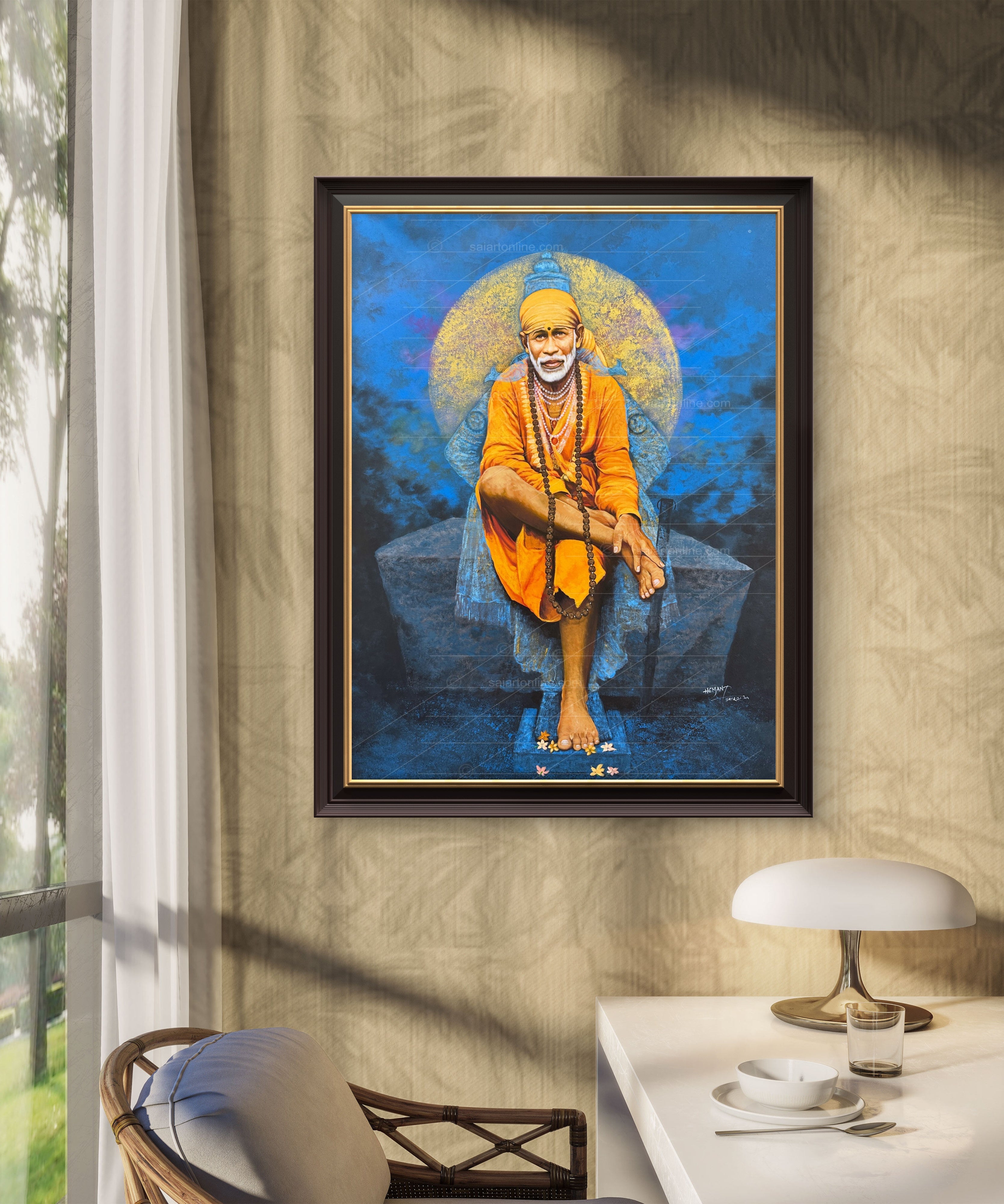 Shirdi Sai Baba Original Photo Sitting on Stone Canvas Painting | UV Coated Waterproof HD Wall Art by Hemant Art