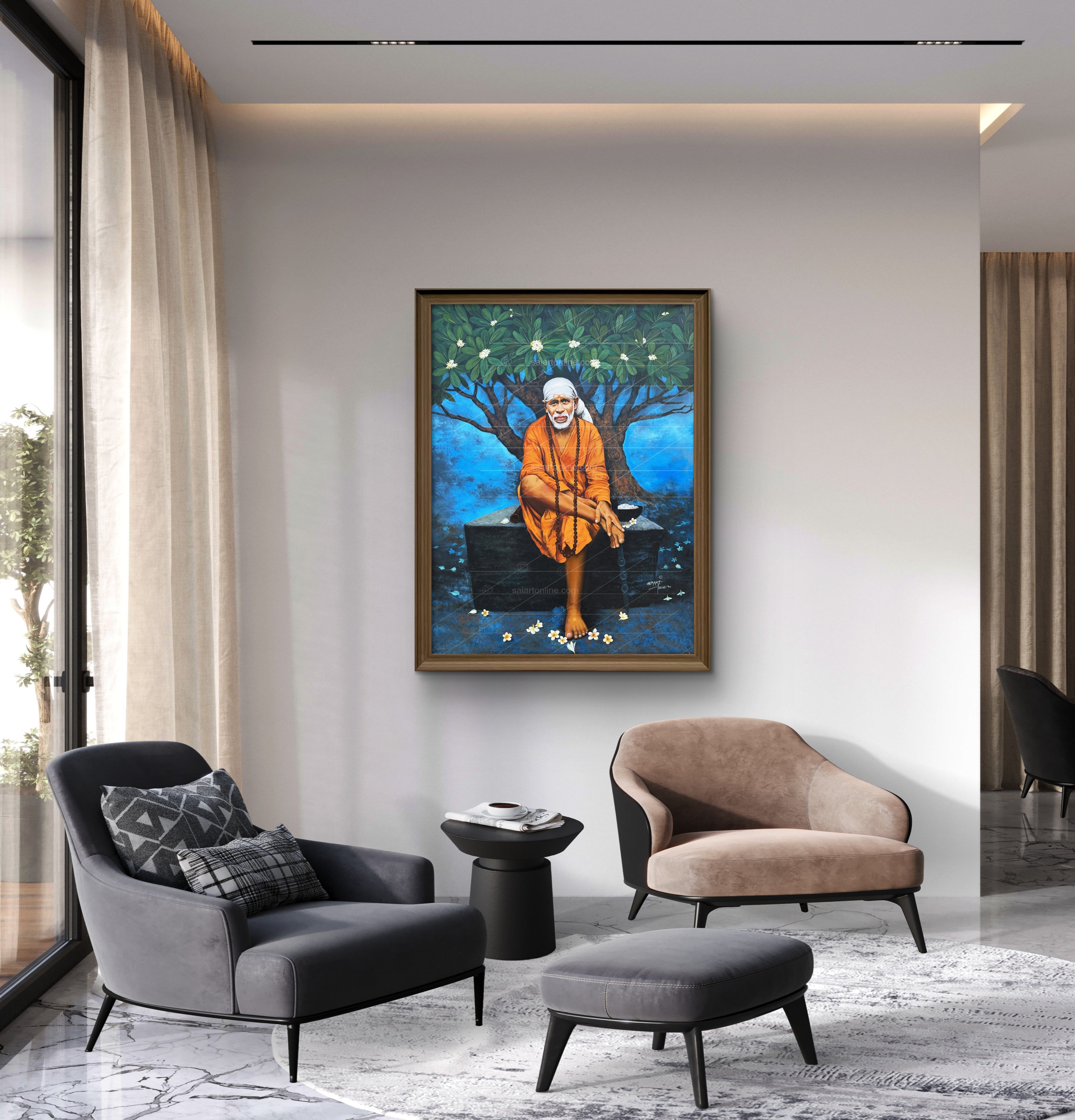 Shirdi Sai Baba Original Photo Sitting on Stone Canvas Painting | UV Coated Waterproof HD Wall Art by Hemant Art