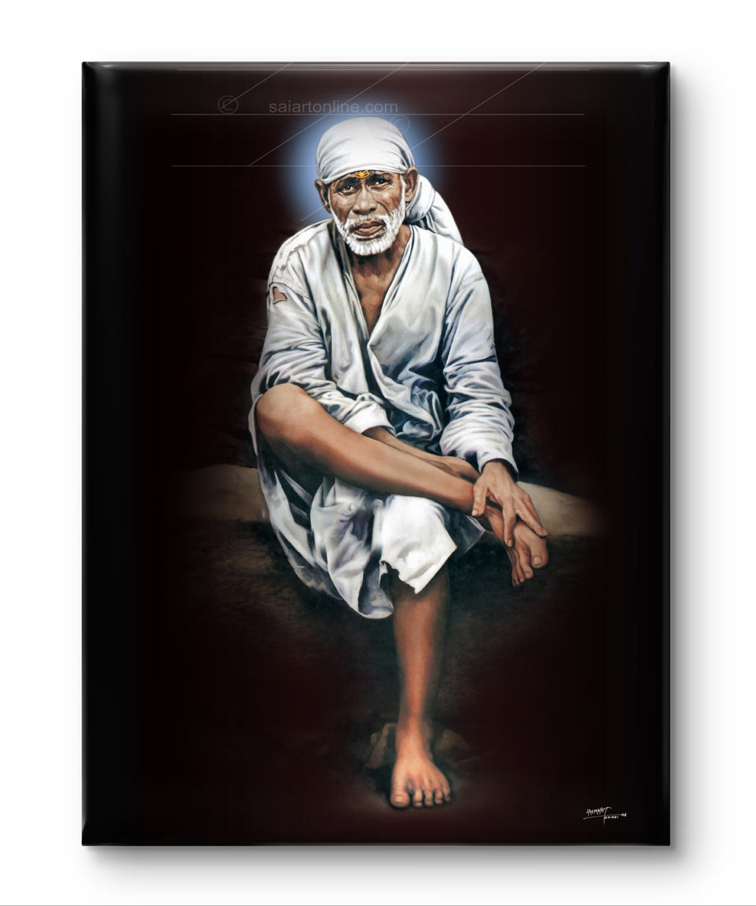 Shirdi Sai Baba Original Photo Sitting on Stone Canvas Painting | Hemant Art