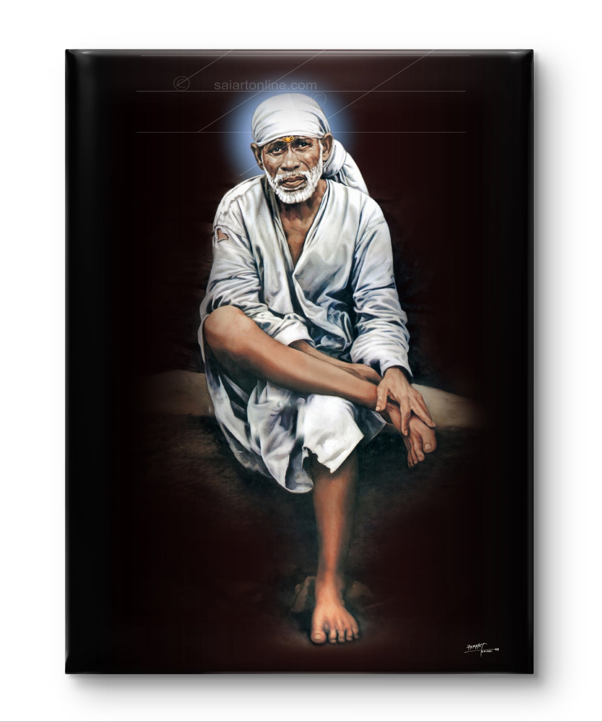 Shirdi Sai Baba Original Photo Sitting on Stone Canvas Painting | Hemant Art