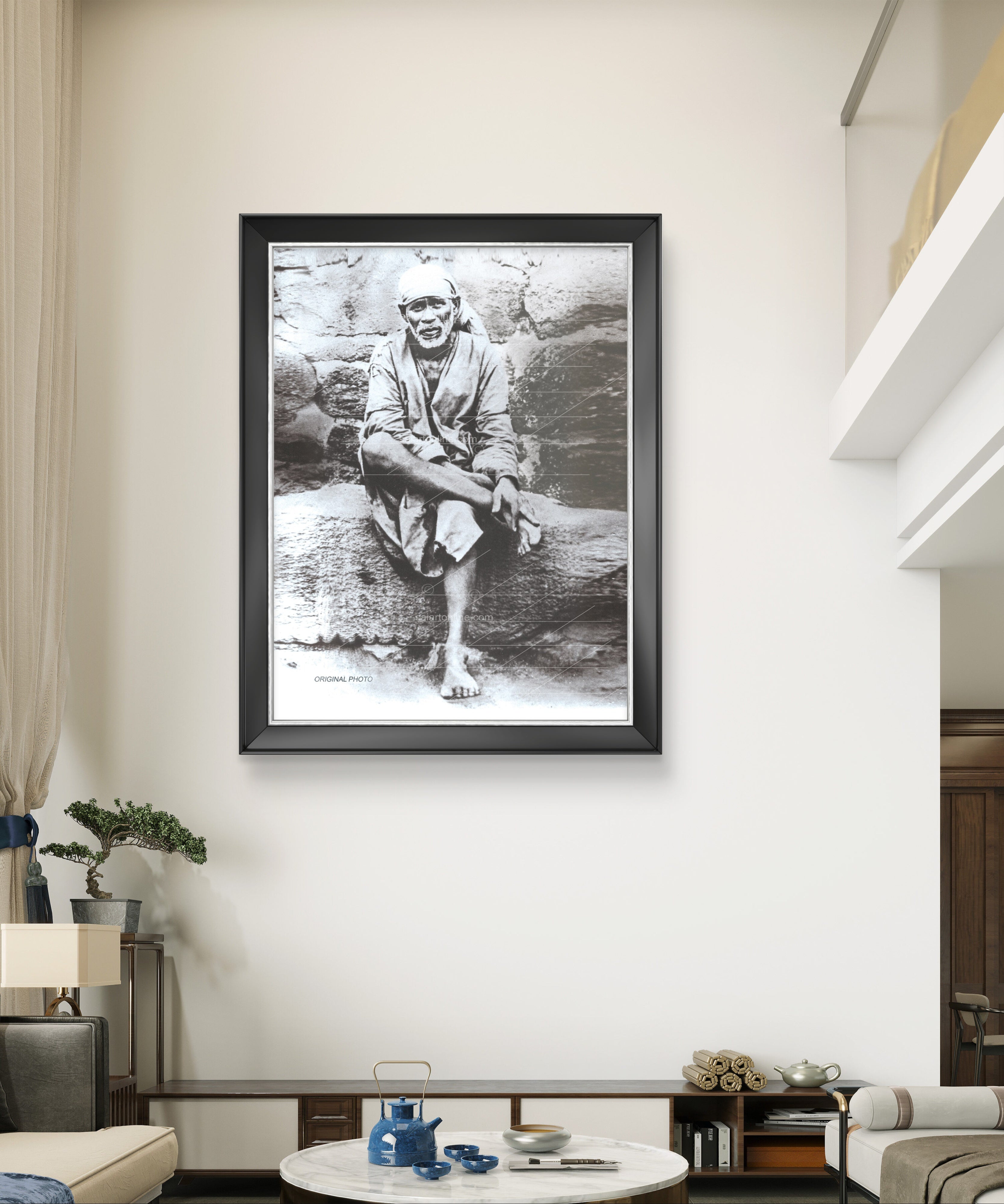 Shirdi Sai Baba Original Photo Sitting On Stone Hand Painting Canvas Reprint Wall Art Decor photo, Picture/Poster