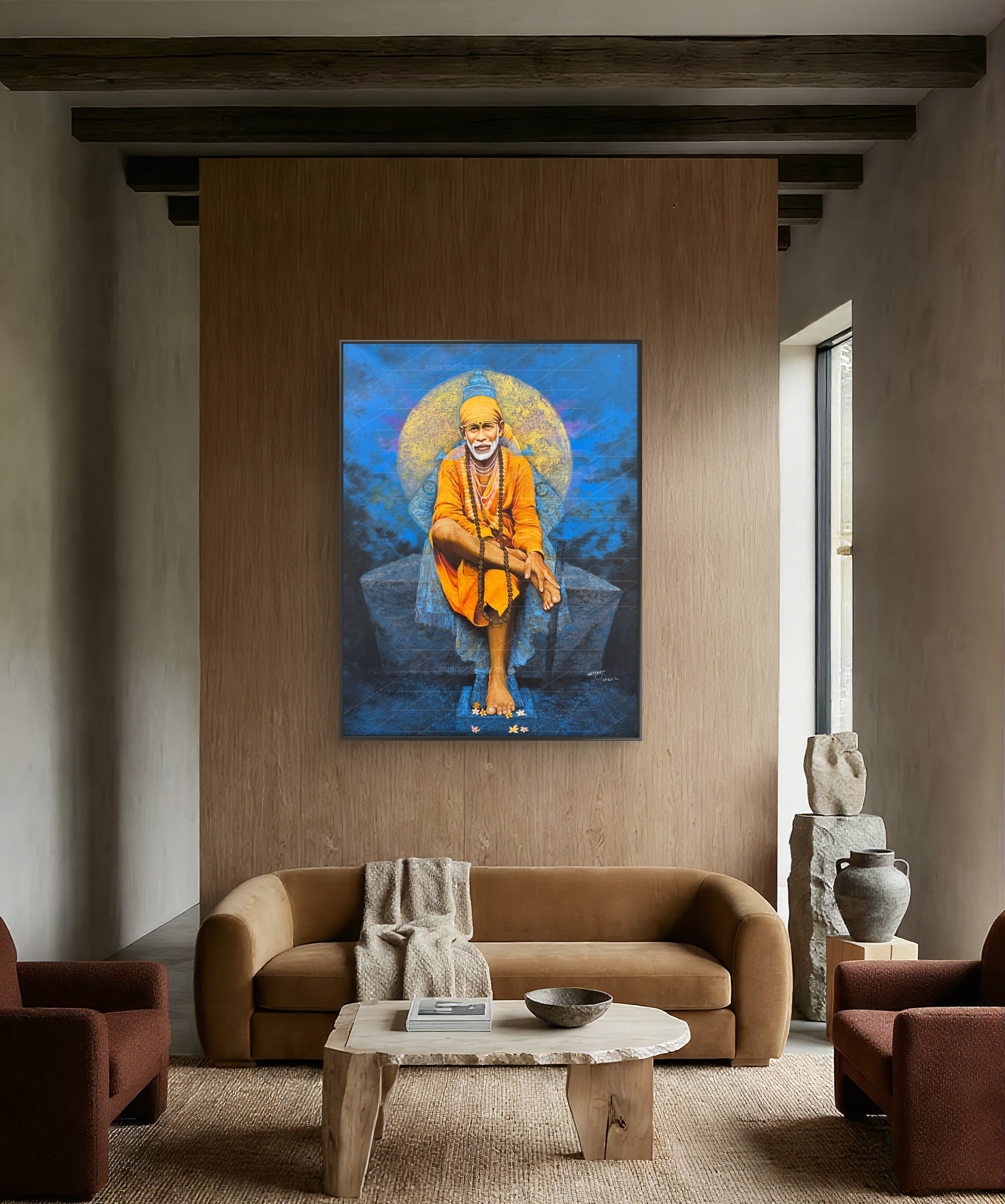 Shirdi Sai Baba Original Photo Sitting on Stone Canvas Painting | UV Coated Waterproof HD Wall Art by Hemant Art