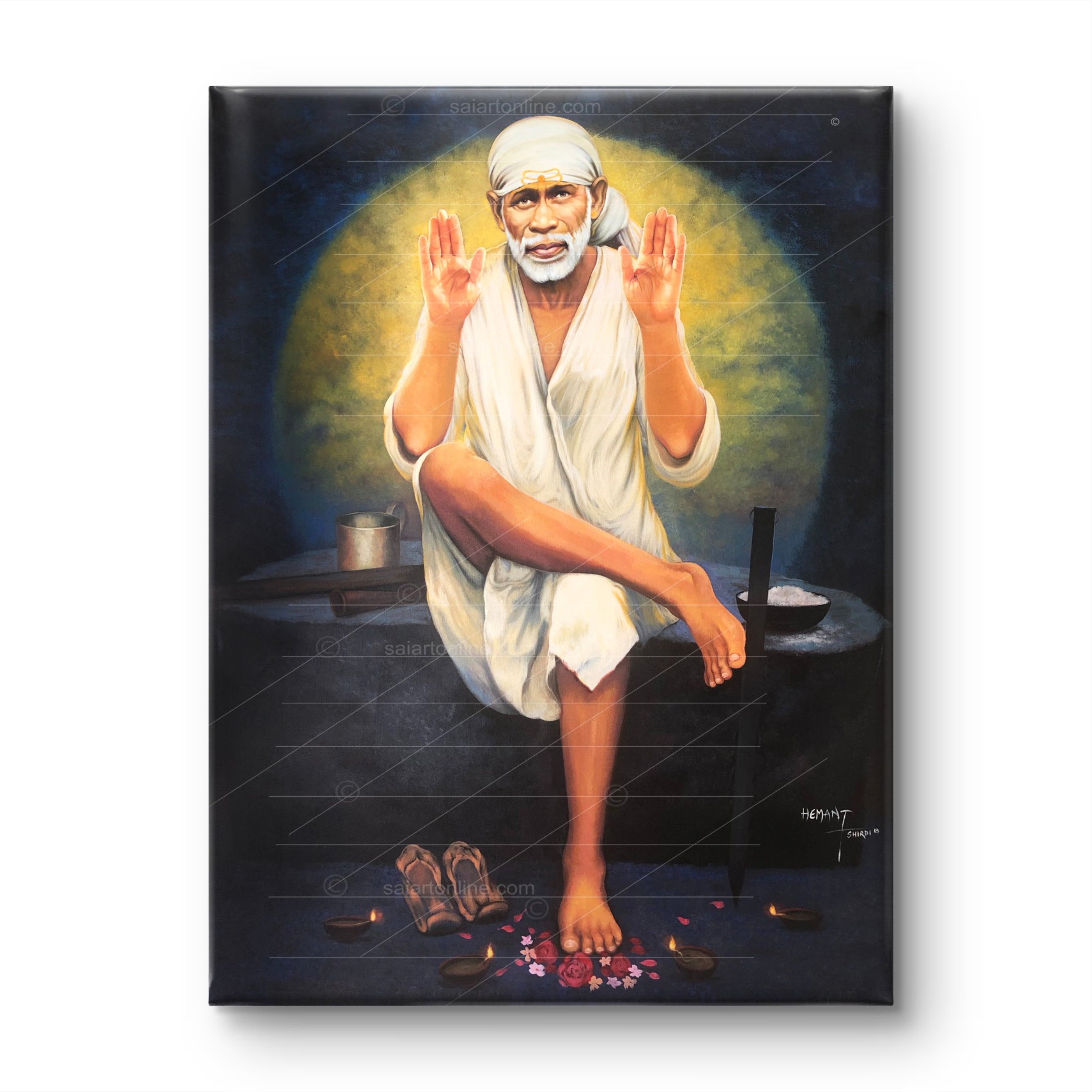 Shirdi Sai Baba Photo Sitting On Stone Hand Painting Canvas Reprint Wall Art Decor photo, Picture/Poster