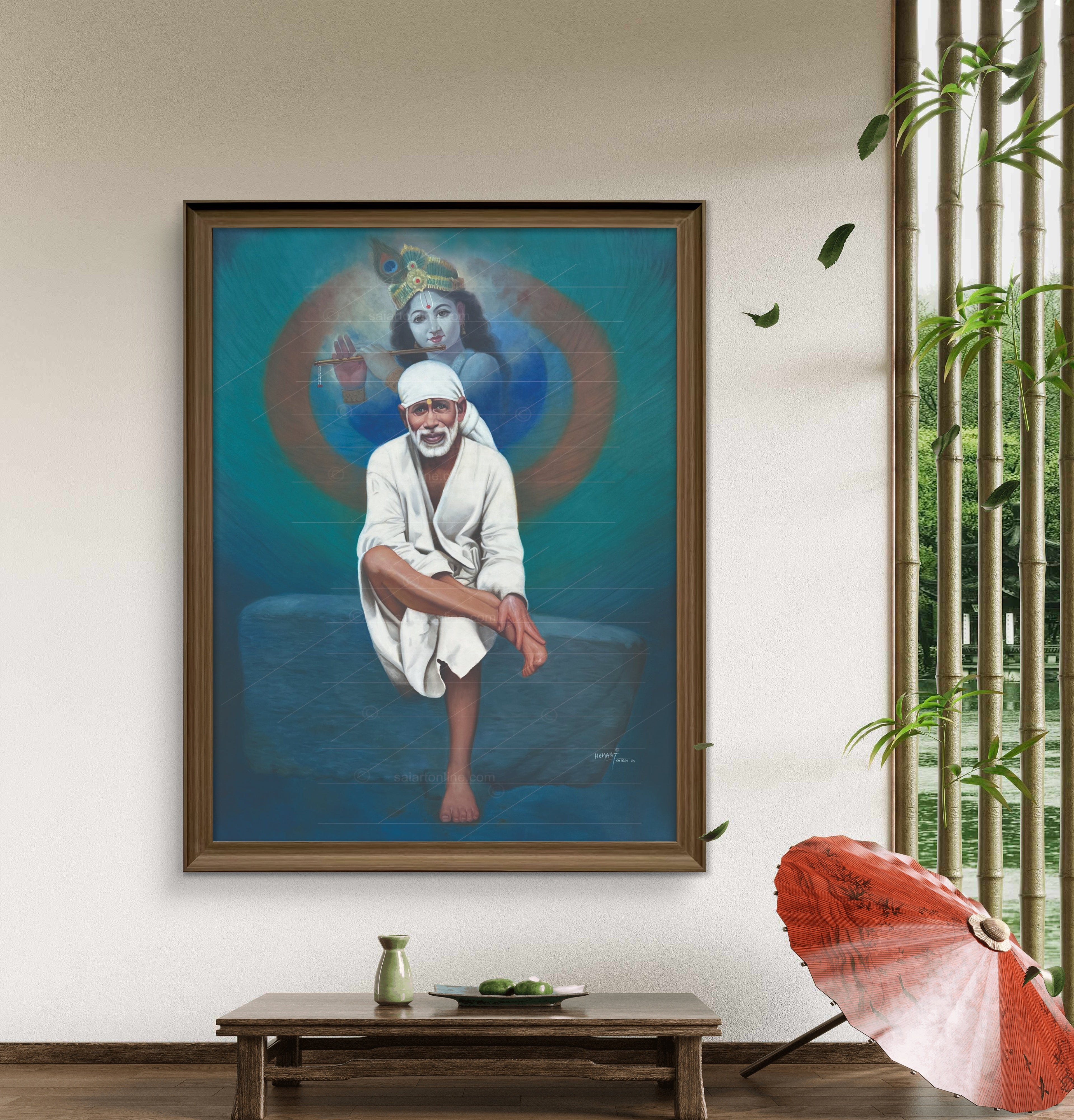 Shirdi Sai Baba Photo Sitting On Stone Hand Painting Canvas Reprint Wall Art Decor photo, Picture/Poster