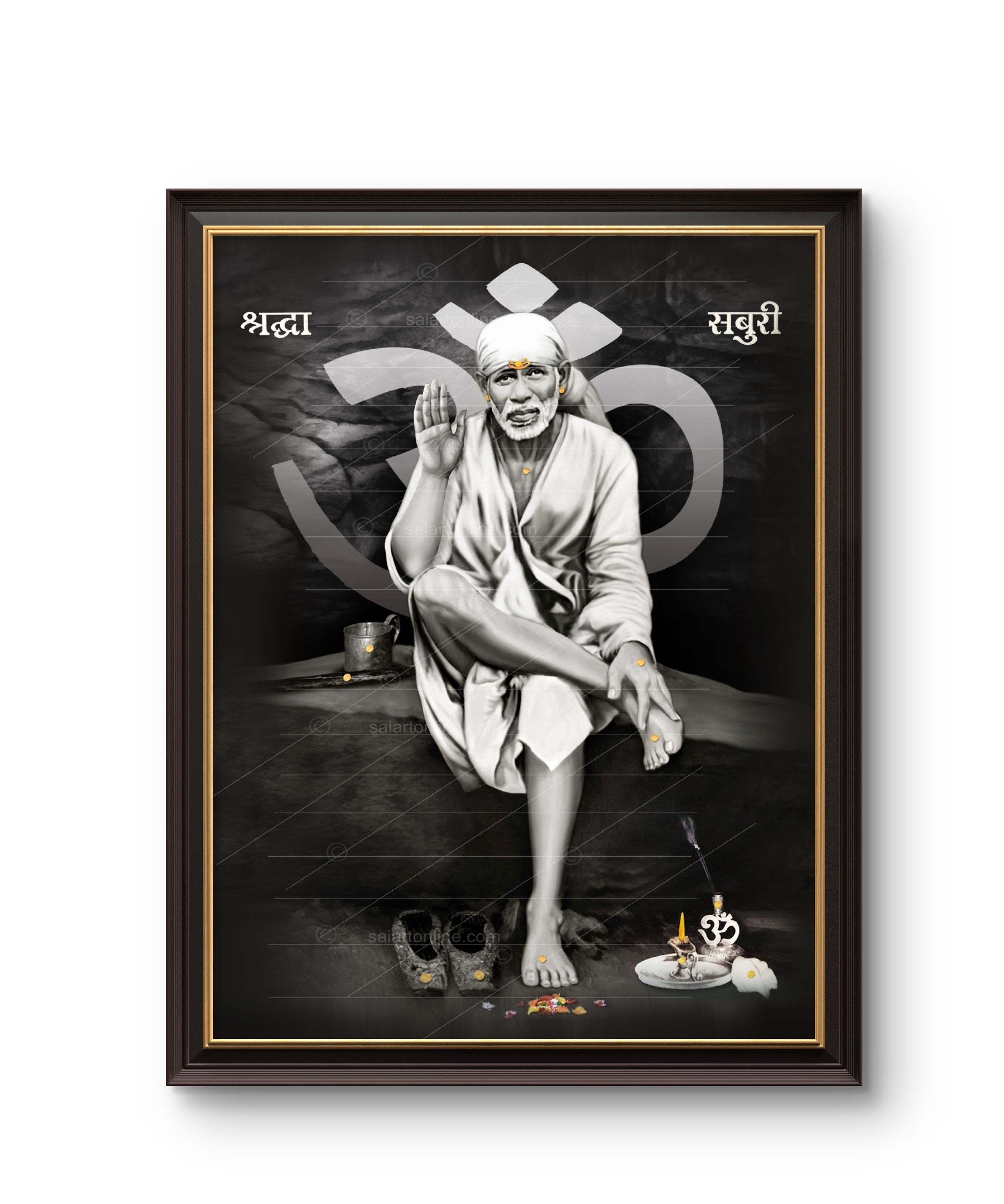 Shirdi Sai Baba Original Photo Sitting on Stone Canvas Painting | UV Coated Waterproof HD Wall Art by Hemant Art