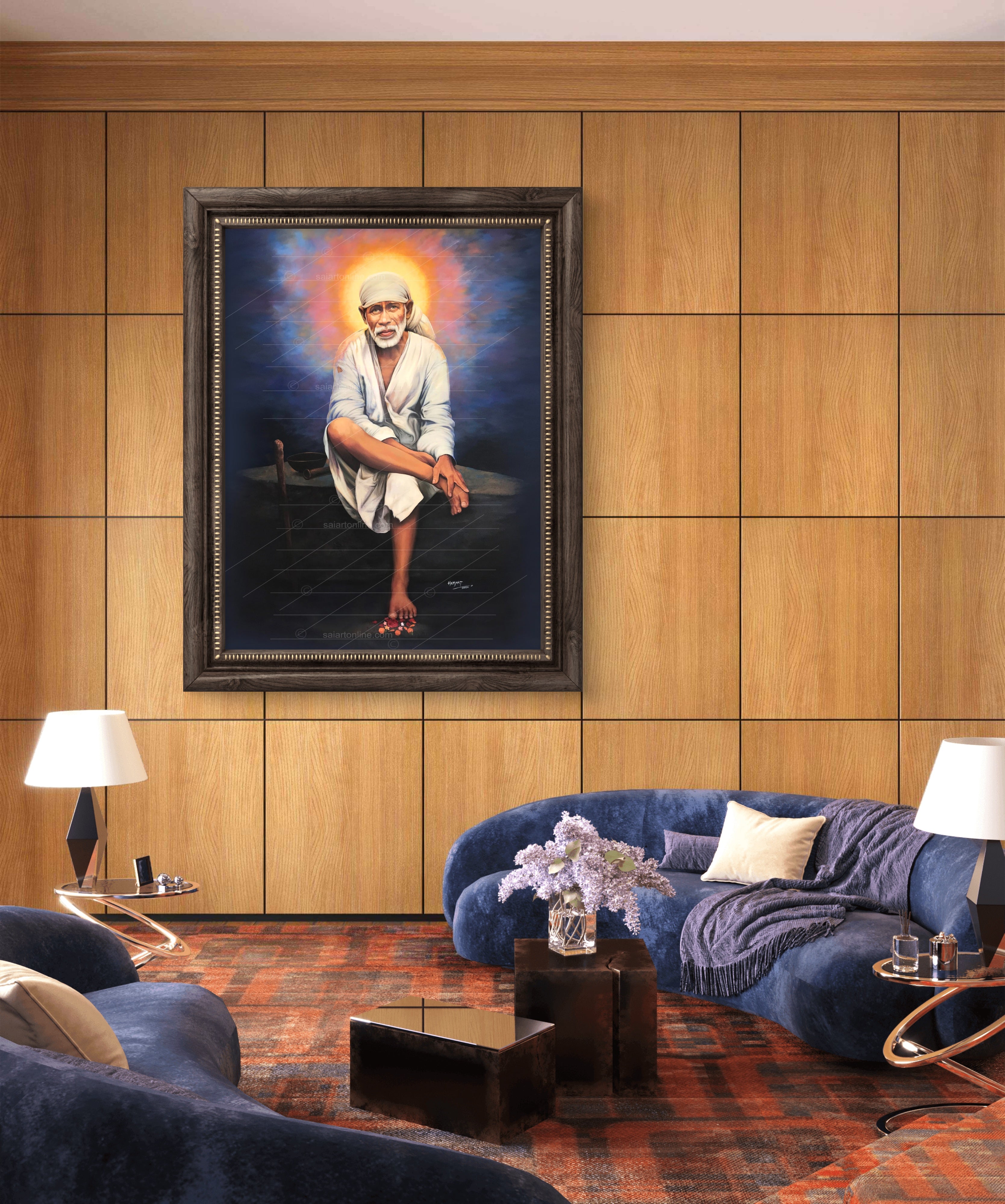 Shirdi Sai Baba Original Photo Sitting on Stone Canvas Painting | UV Coated Waterproof HD Wall Art by Hemant Art