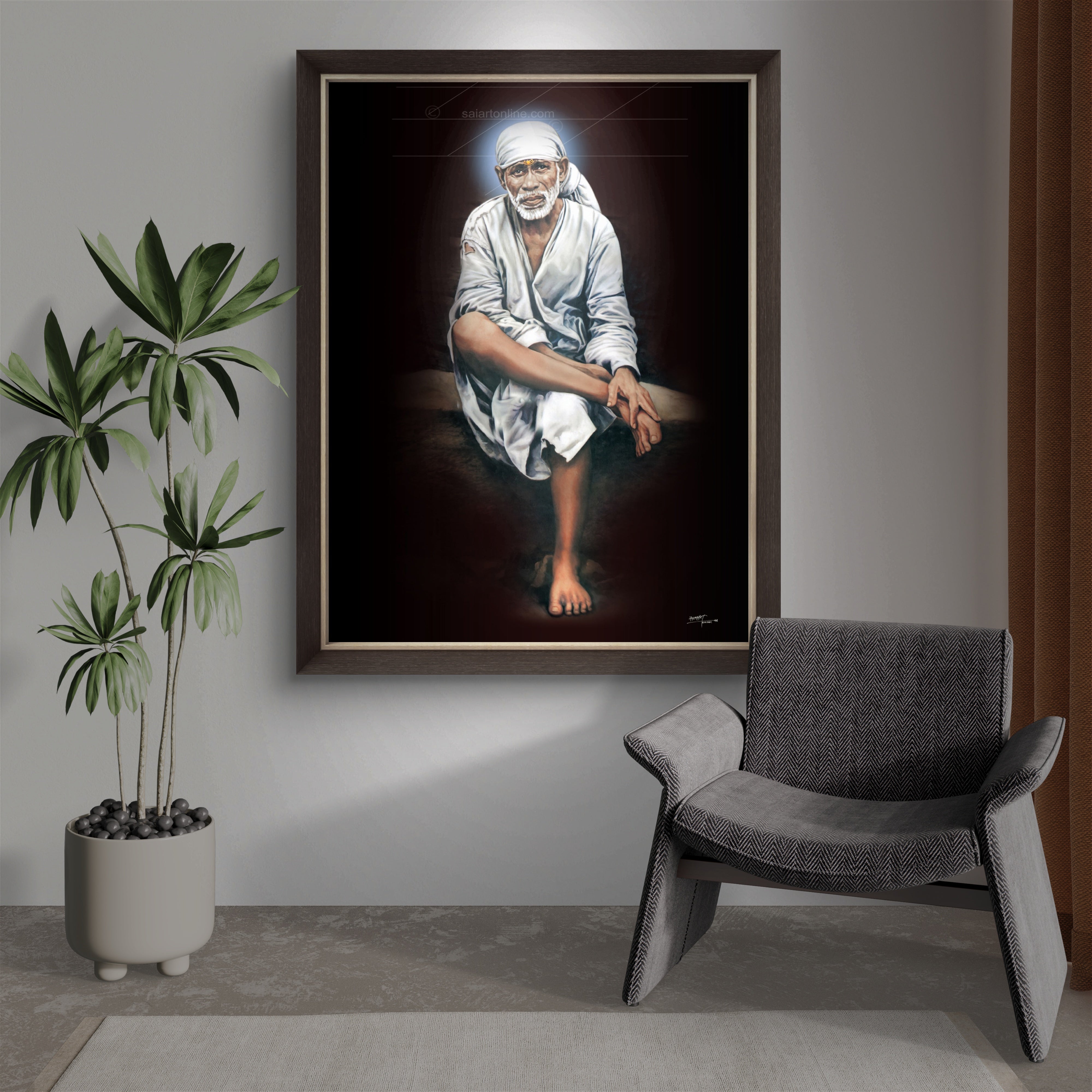 Shirdi Sai Baba Original Photo Sitting on Stone Canvas Painting | UV Coated Waterproof HD Wall Art by Hemant Art
