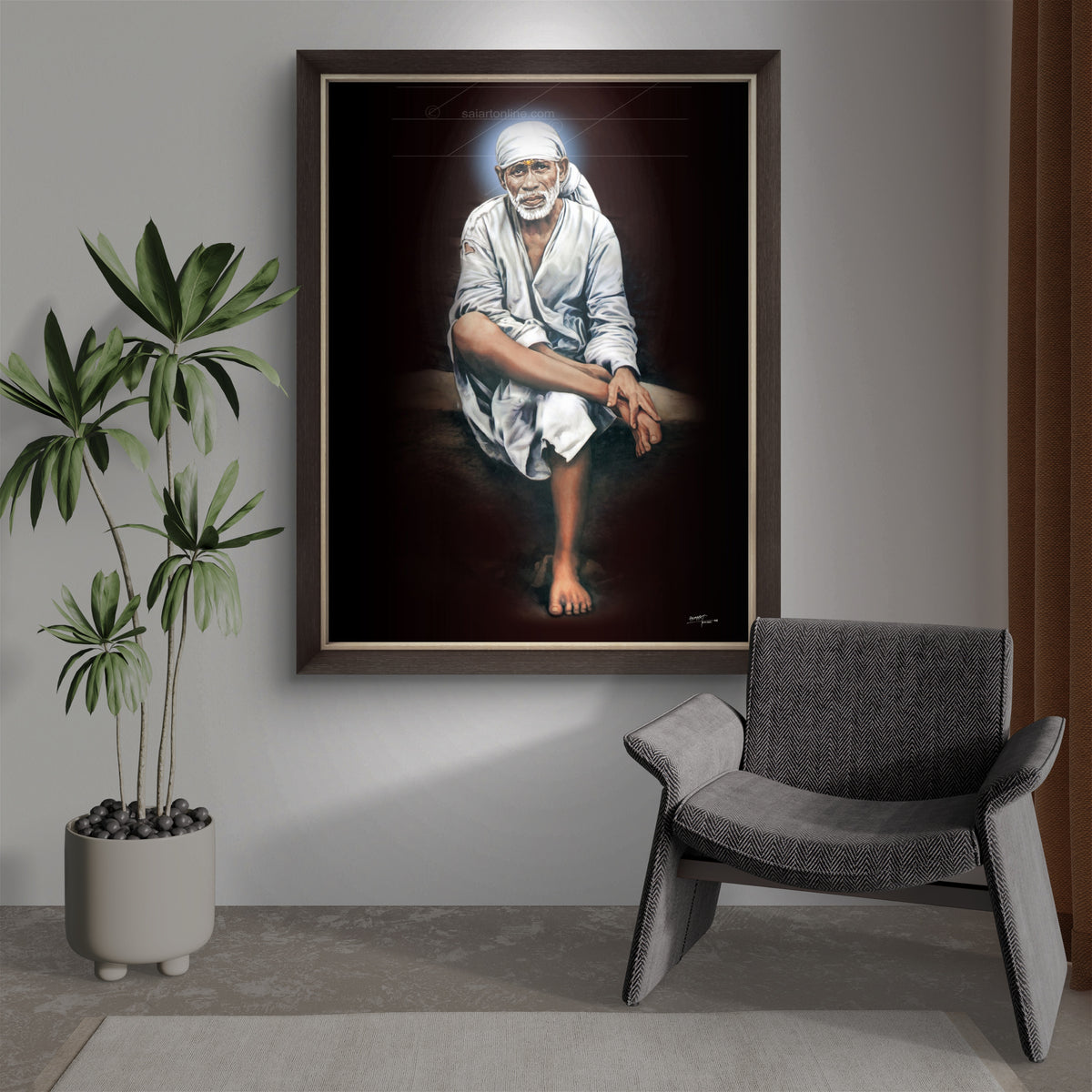 Shirdi Sai Baba Original Photo Sitting on Stone Canvas Painting | Hemant Art