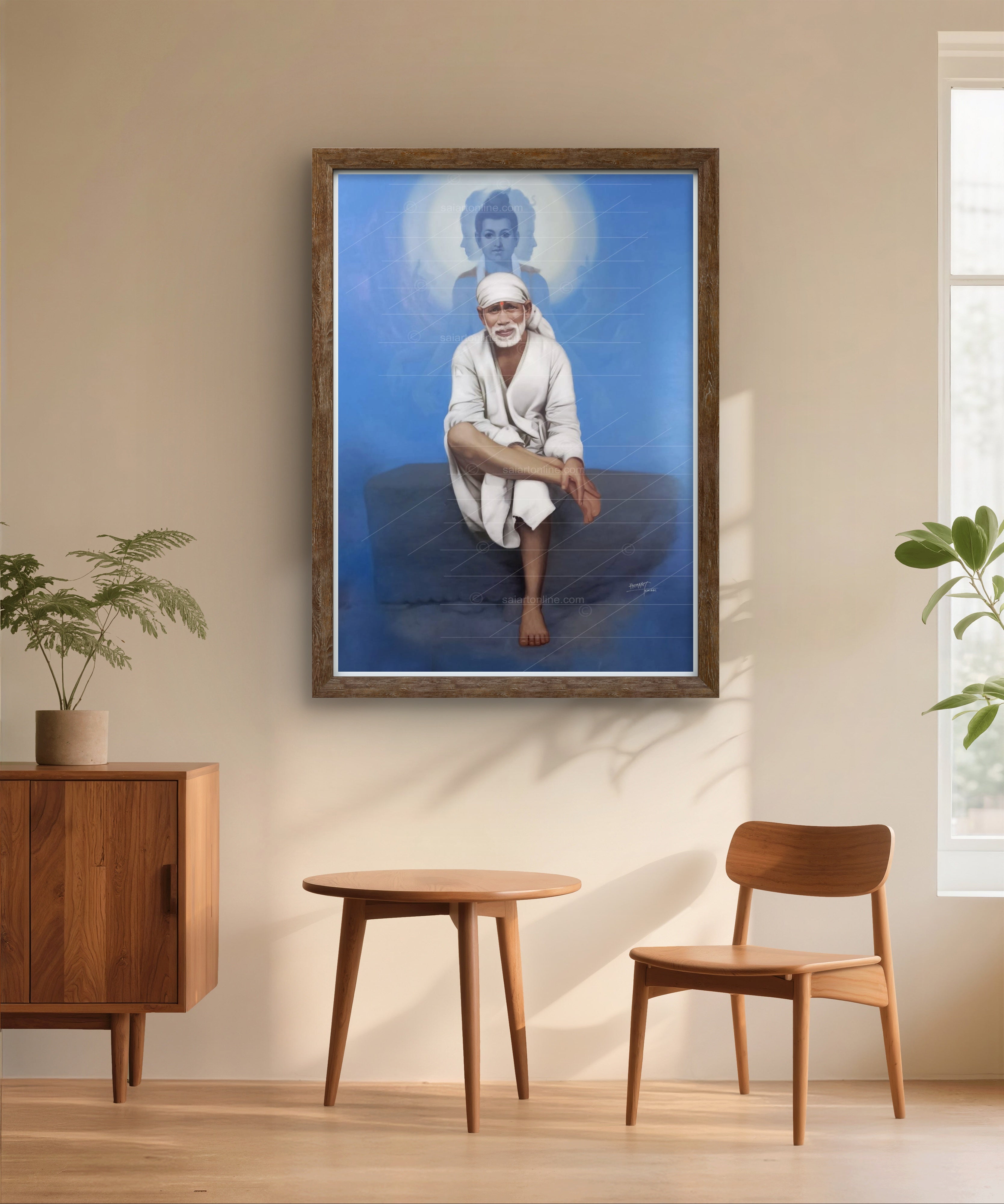 Shirdi Sai Baba Photo Sitting On Stone Hand Painting Canvas Reprint Wall Art Decor photo, Picture/Poster