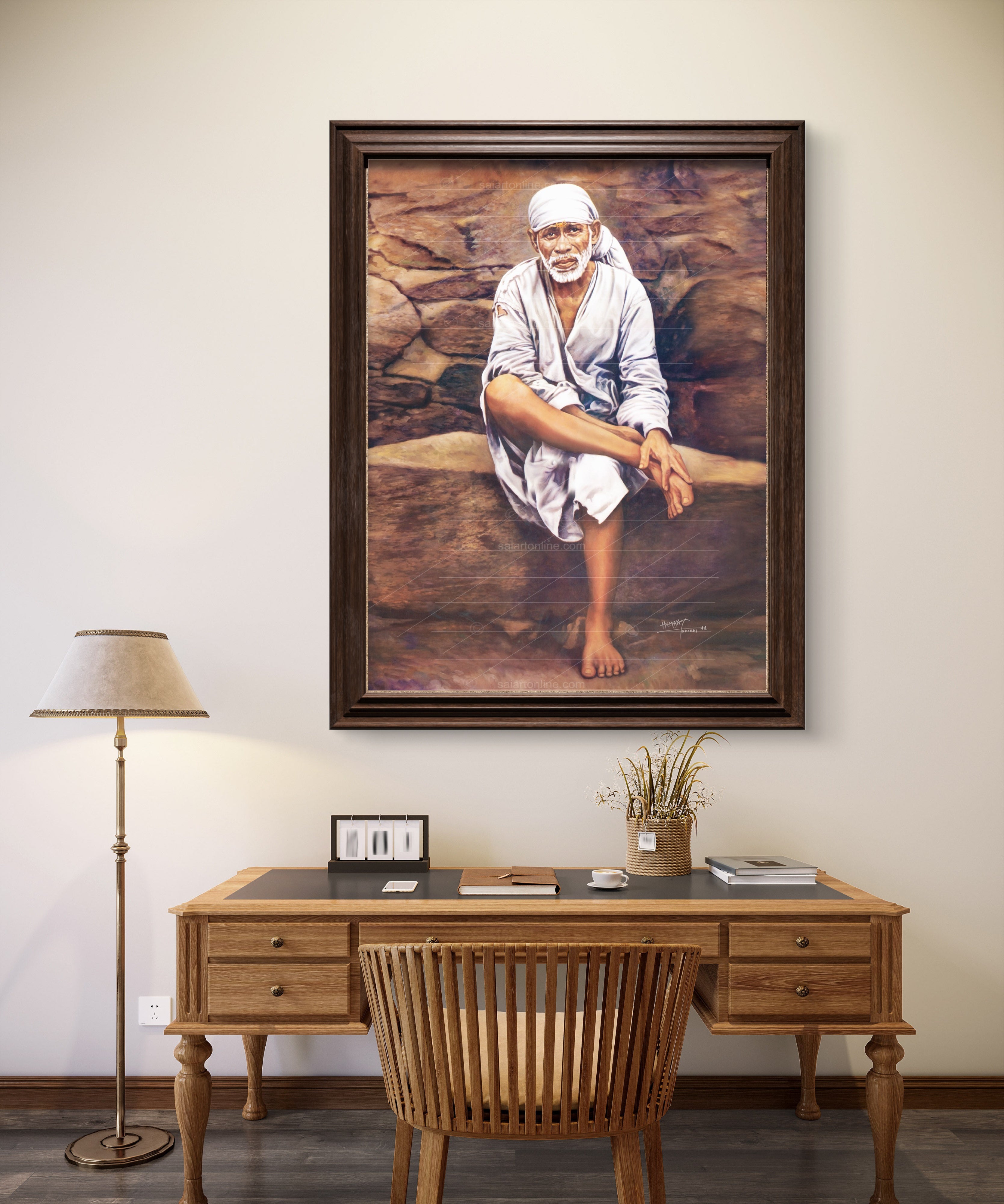 Shirdi Sai Baba Original Photo Sitting on Stone Canvas Painting | UV Coated Waterproof HD Wall Art by Hemant Art