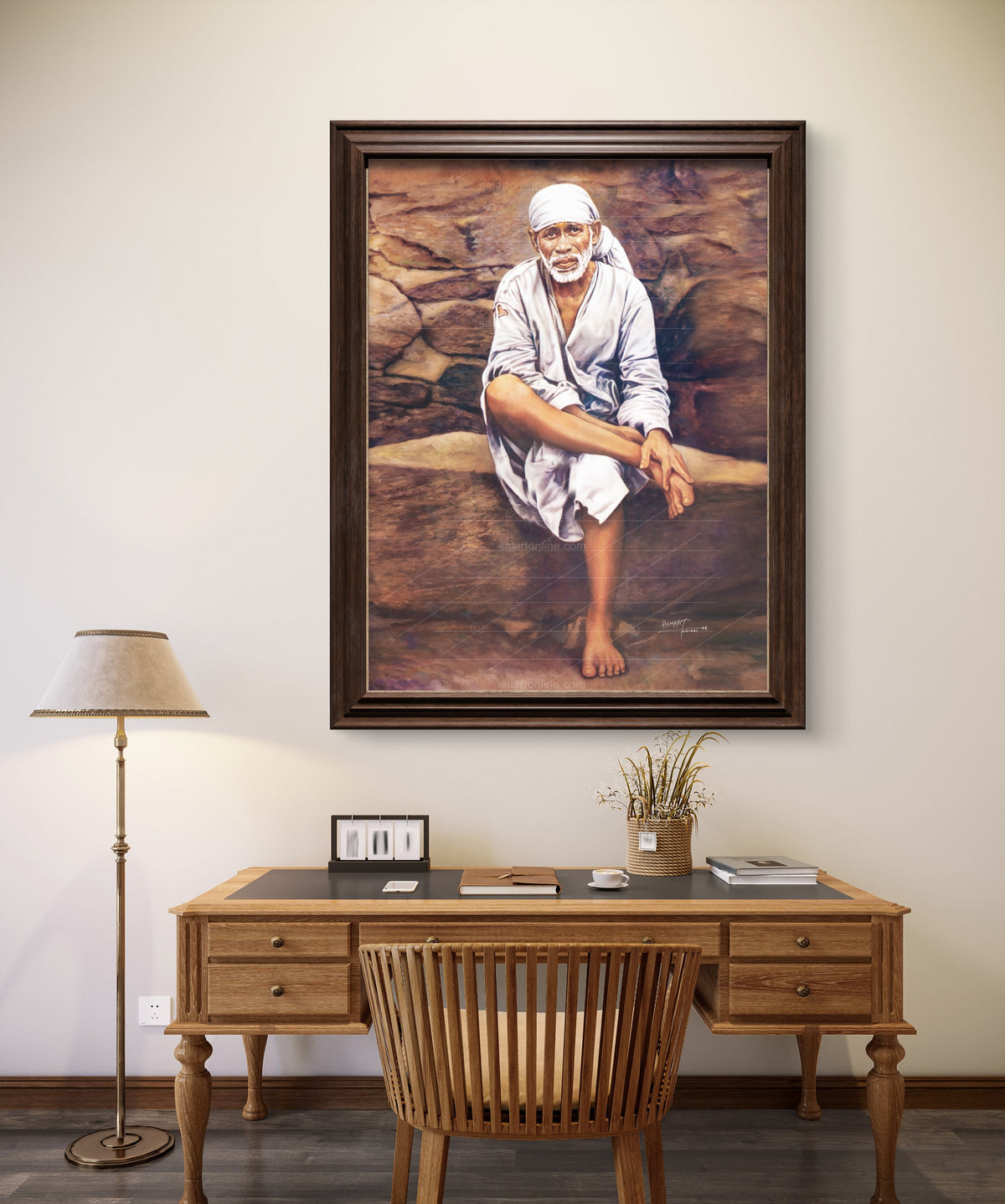 Sai Baba Original Photo Sitting on Stone Canvas Painting | Hemant Art
