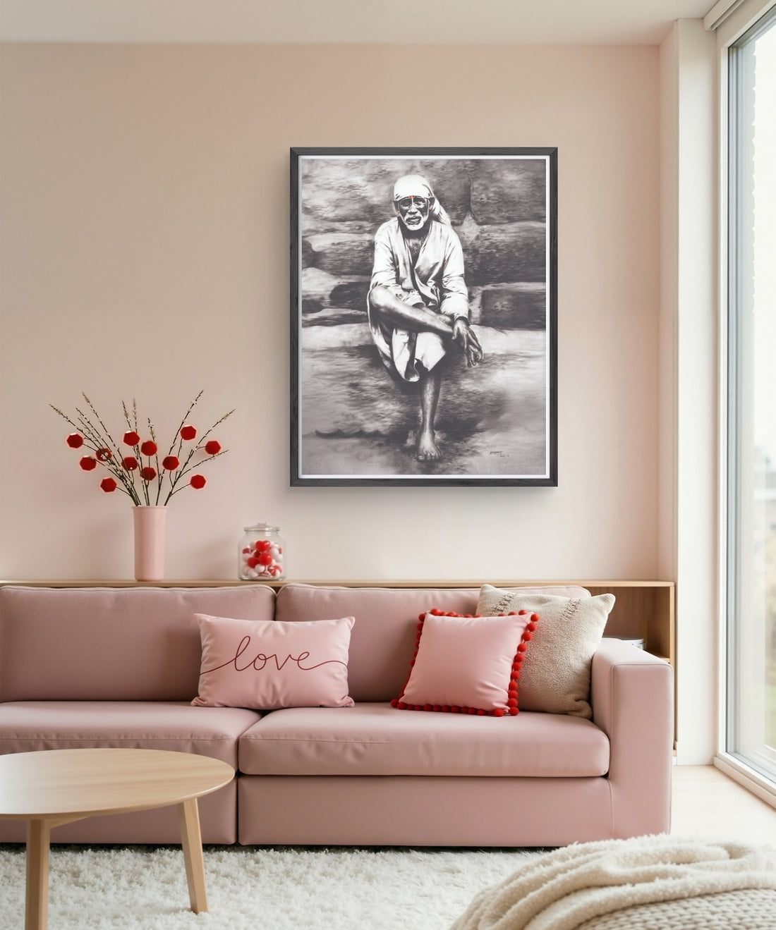 Sai Baba Original Photo Sitting on Stone Canvas Painting | Hemant Art